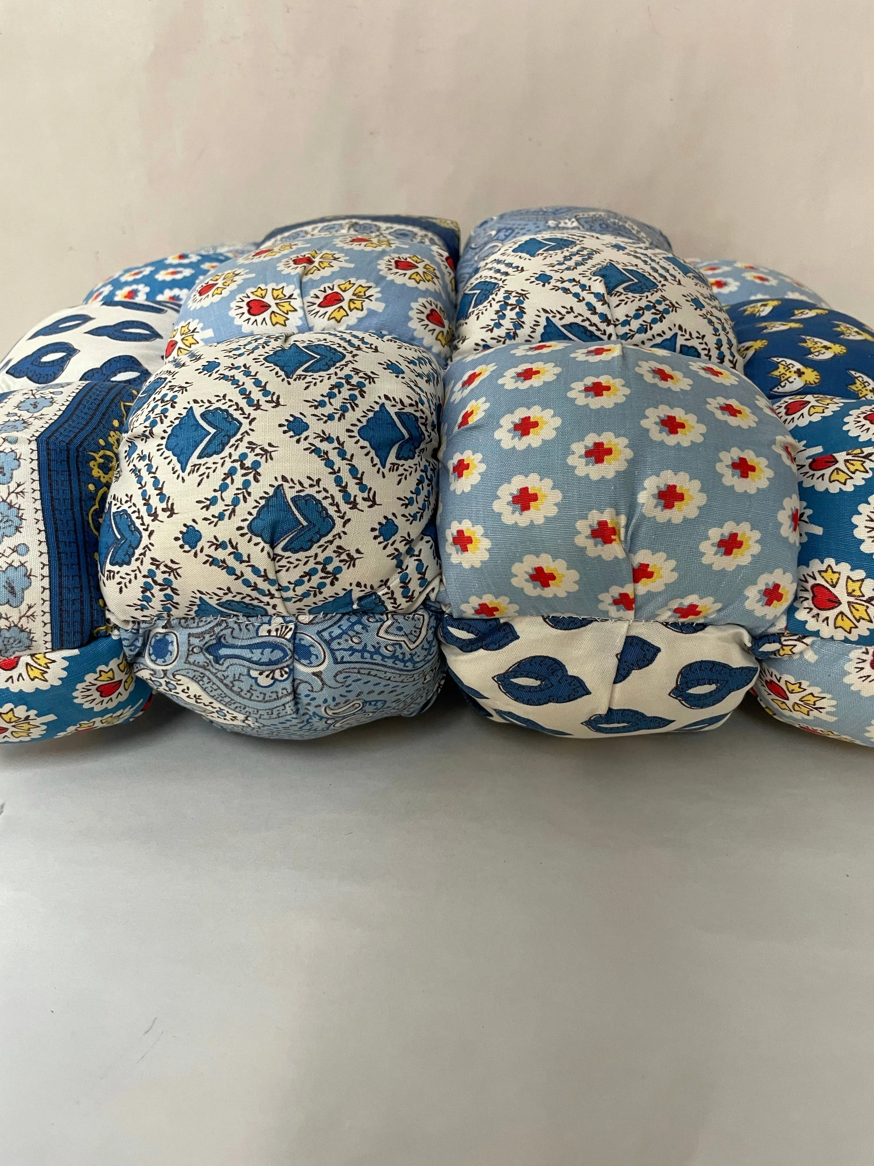 € Square Overstuffed Pillow Cotton Patchwork Blue White Red Yellow 15.5”