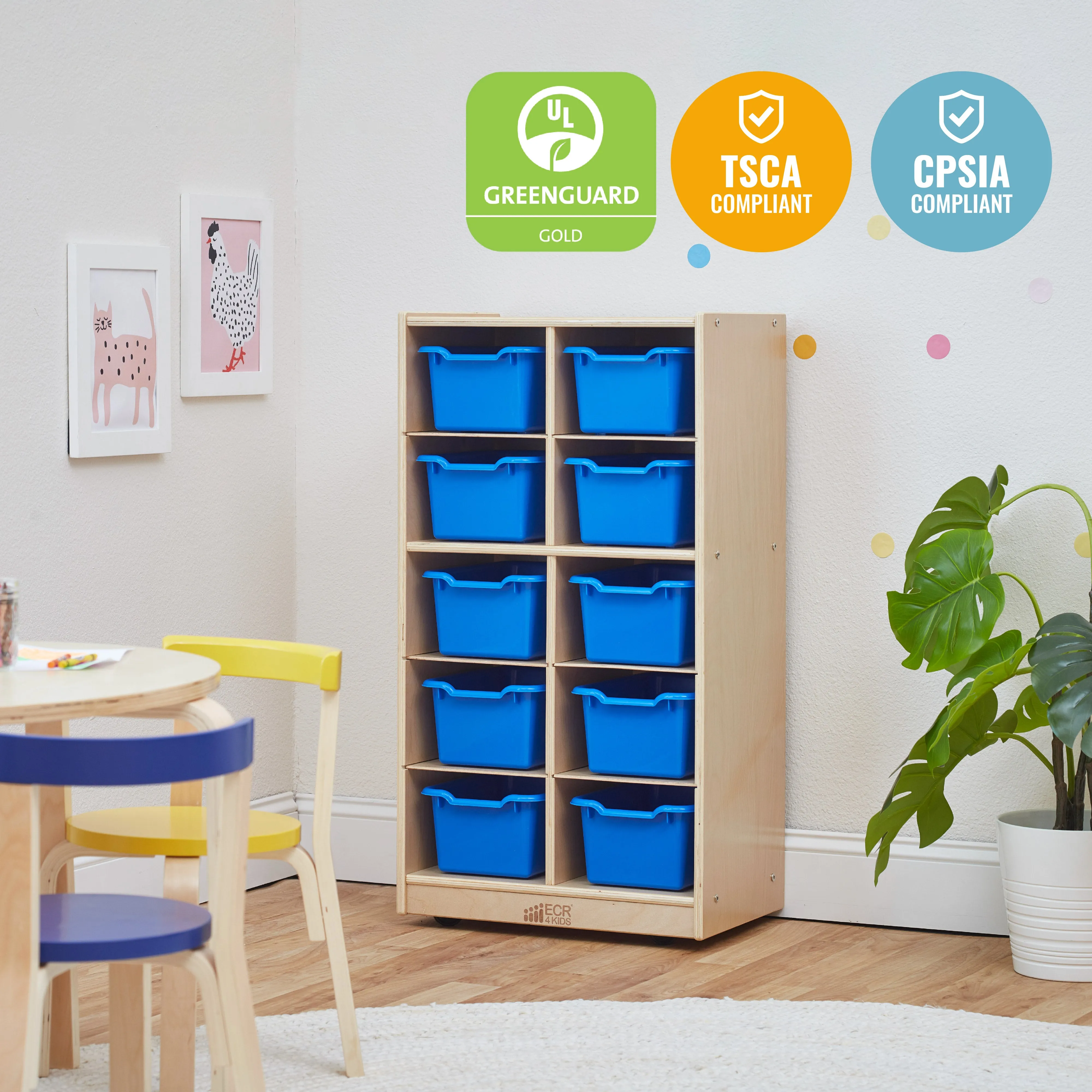10 Cubby Mobile Tray Cabinet with 10 Scoop Front Storage Bins