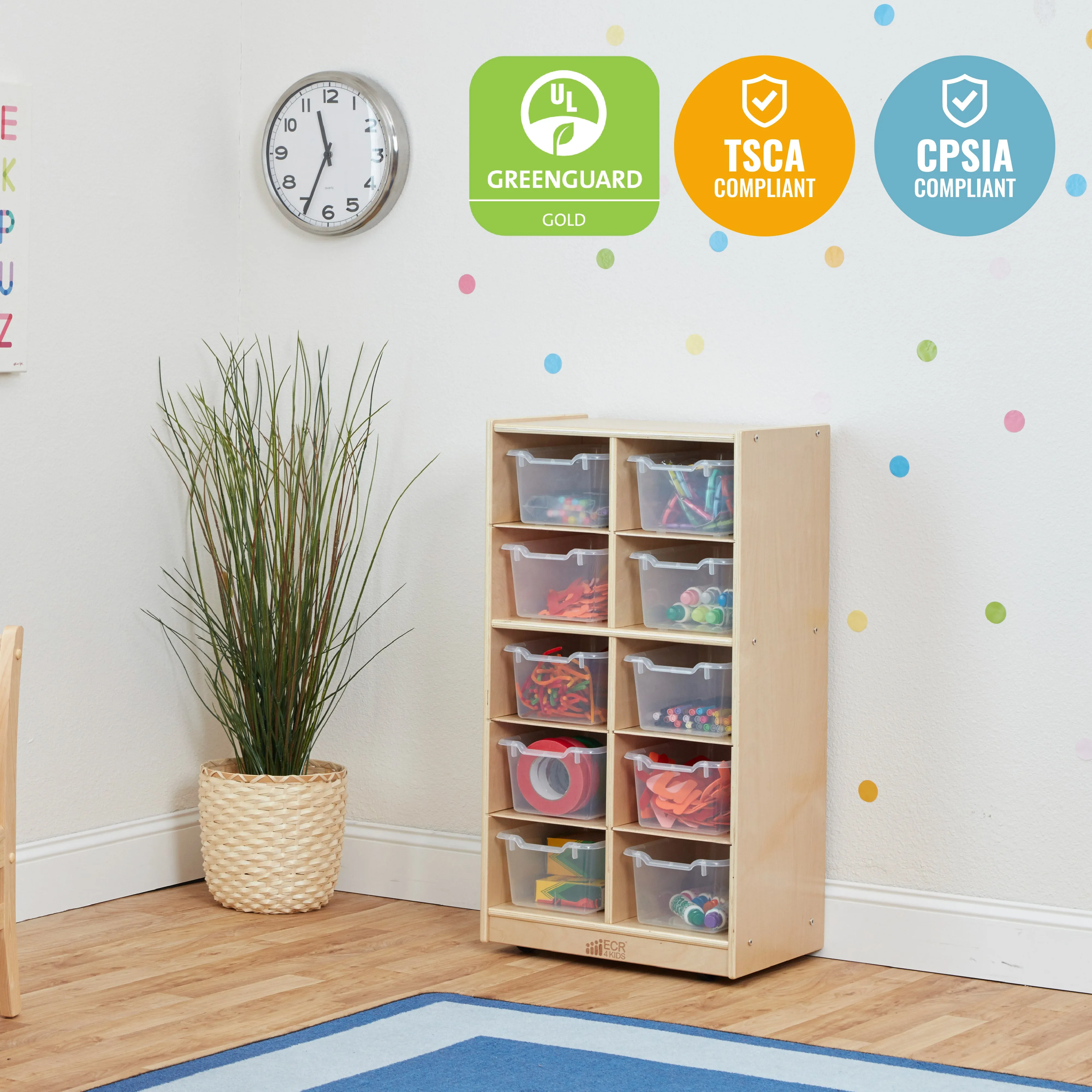 10 Cubby Mobile Tray Cabinet with 10 Scoop Front Storage Bins