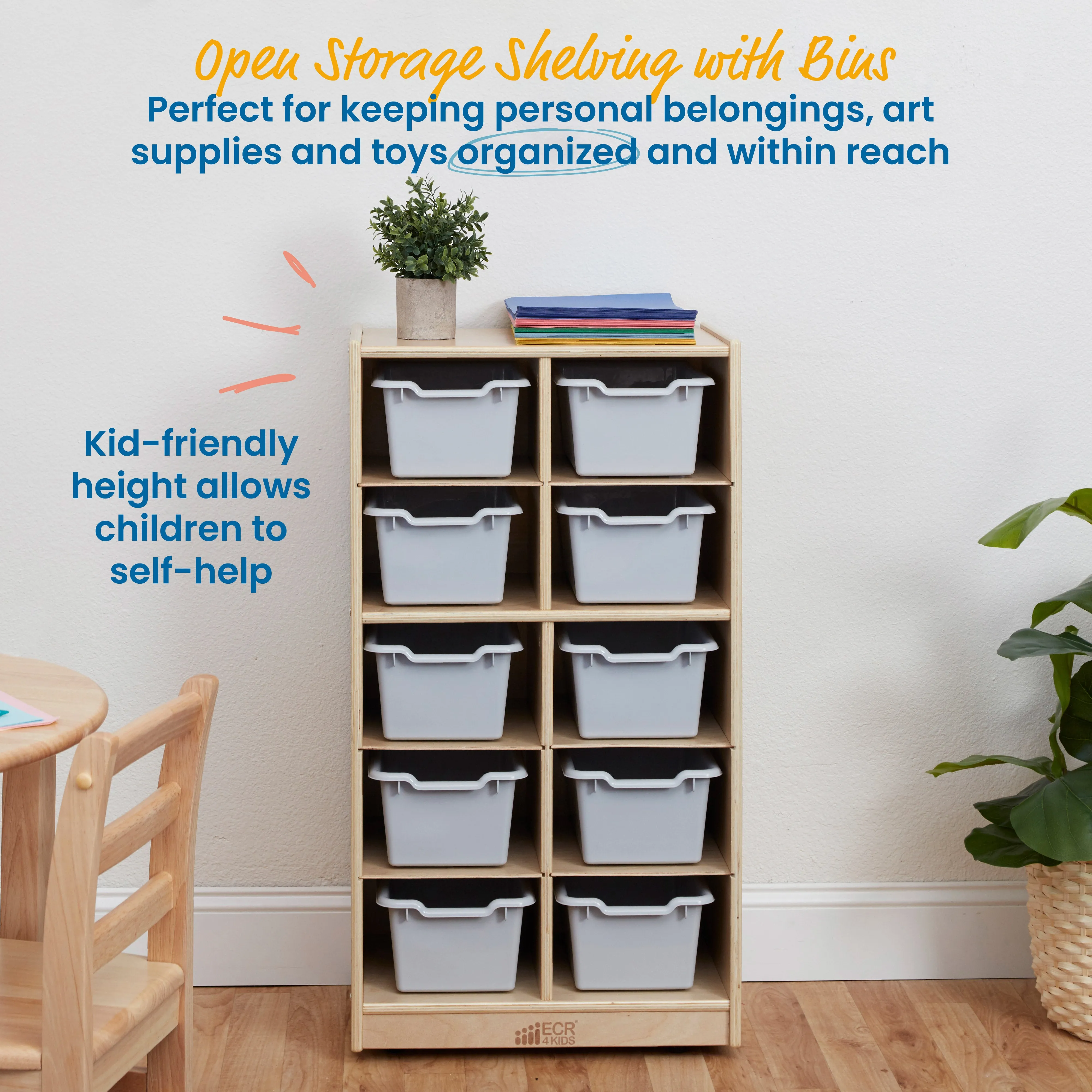 10 Cubby Mobile Tray Cabinet with 10 Scoop Front Storage Bins