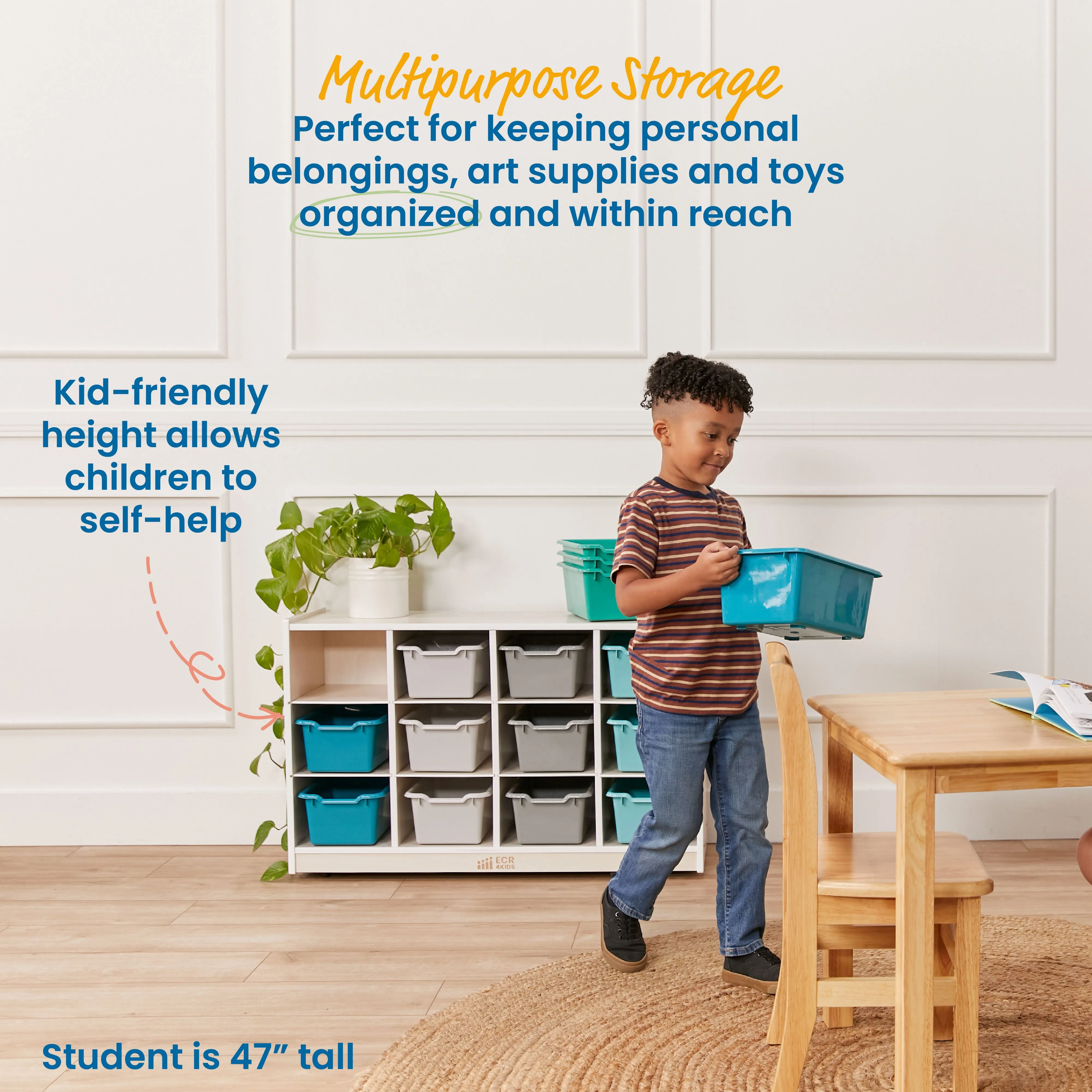 12 Cubby Mobile Tray Cabinet with Scoop Front Storage Bins, White Wash, Classroom Furniture