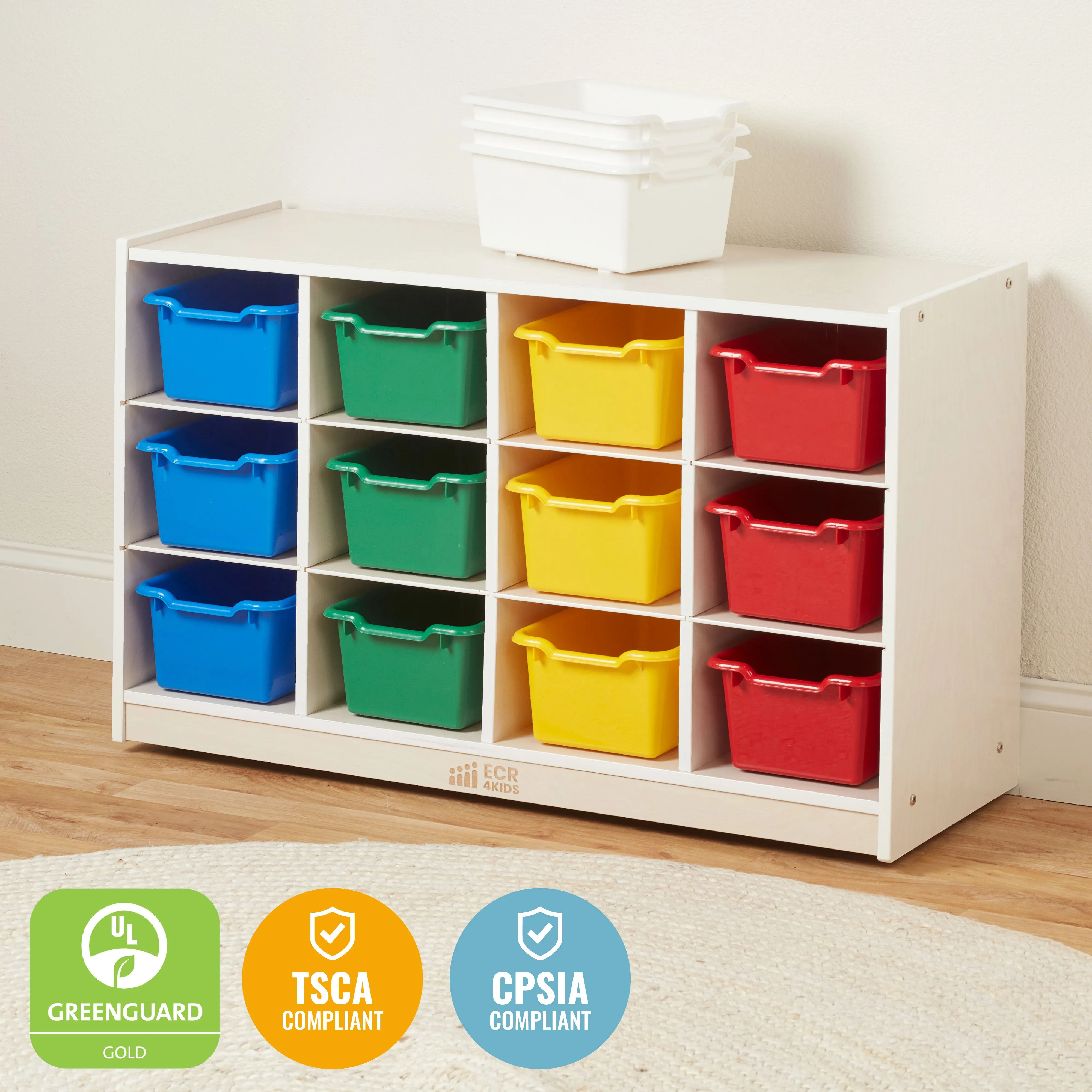12 Cubby Mobile Tray Cabinet with Scoop Front Storage Bins, White Wash, Classroom Furniture