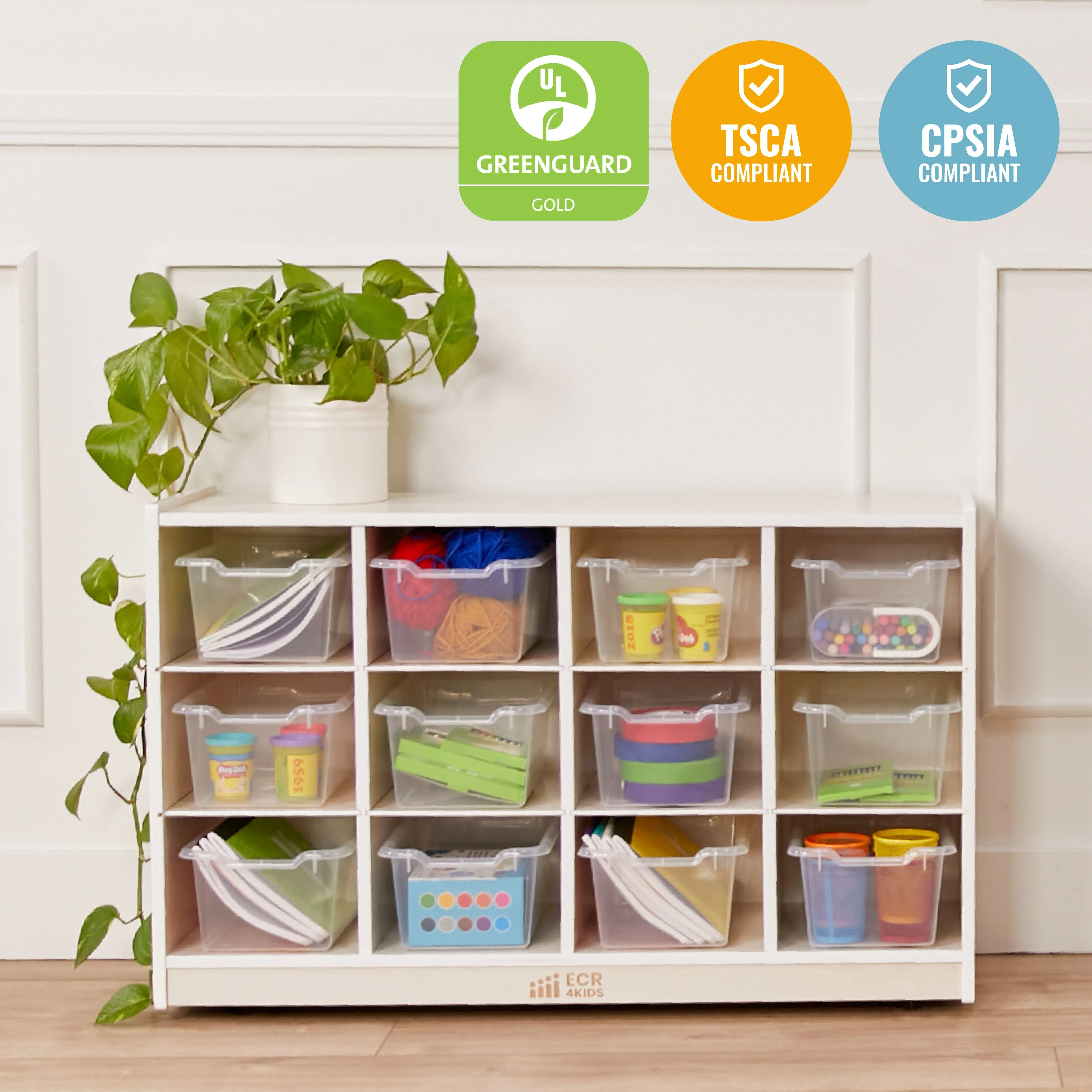 12 Cubby Mobile Tray Cabinet with Scoop Front Storage Bins, White Wash, Classroom Furniture