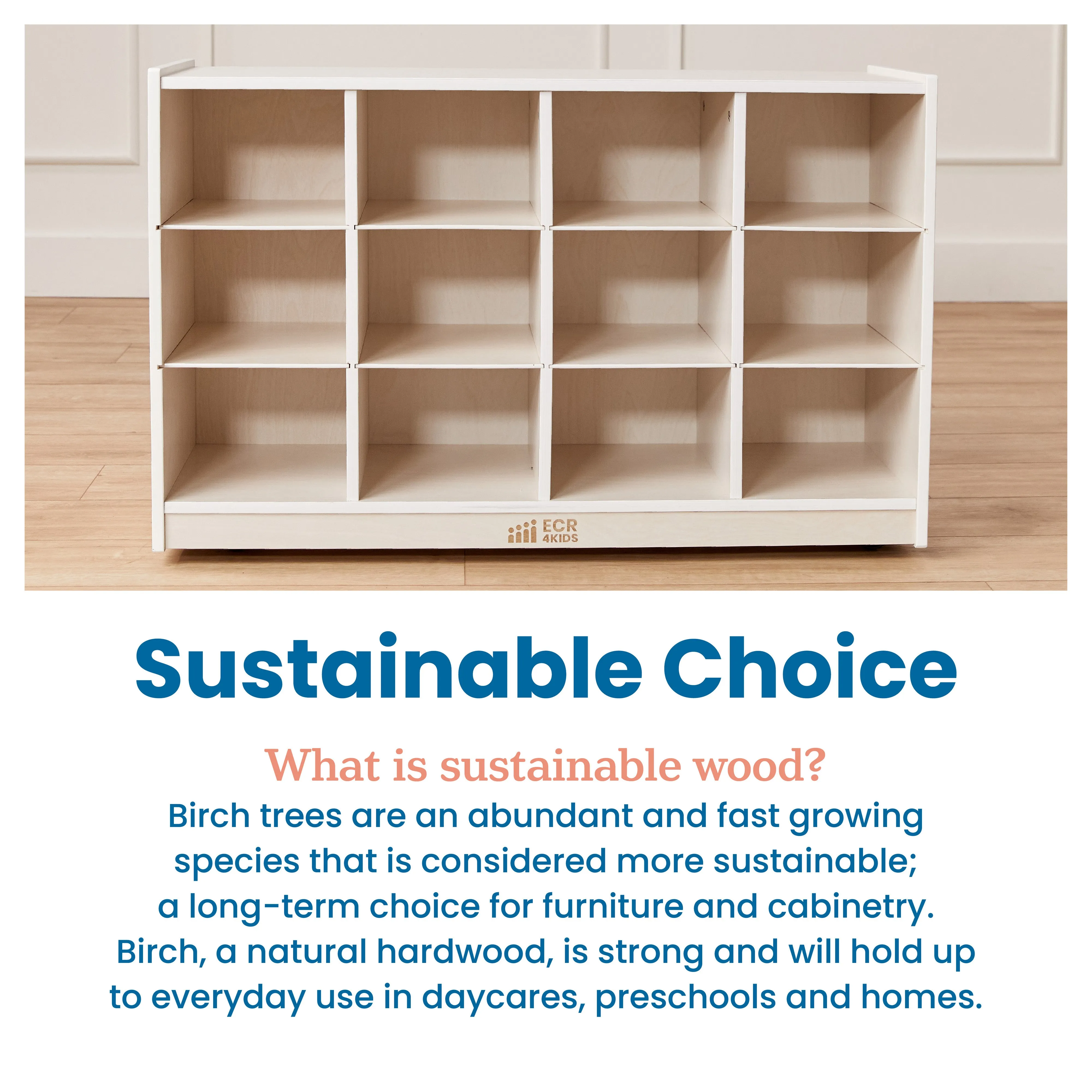 12 Cubby Mobile Tray Cabinet with Scoop Front Storage Bins, White Wash, Classroom Furniture