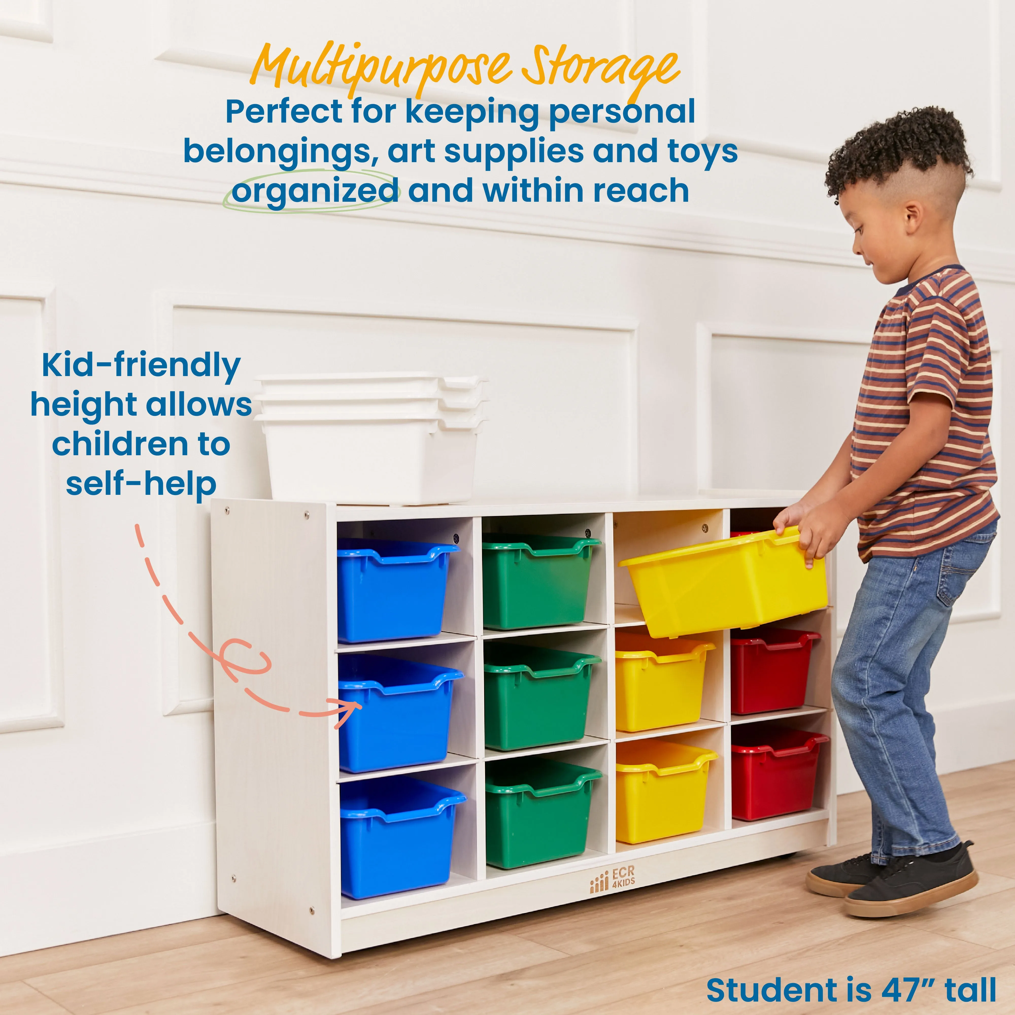 12 Cubby Mobile Tray Cabinet with Scoop Front Storage Bins, White Wash, Classroom Furniture