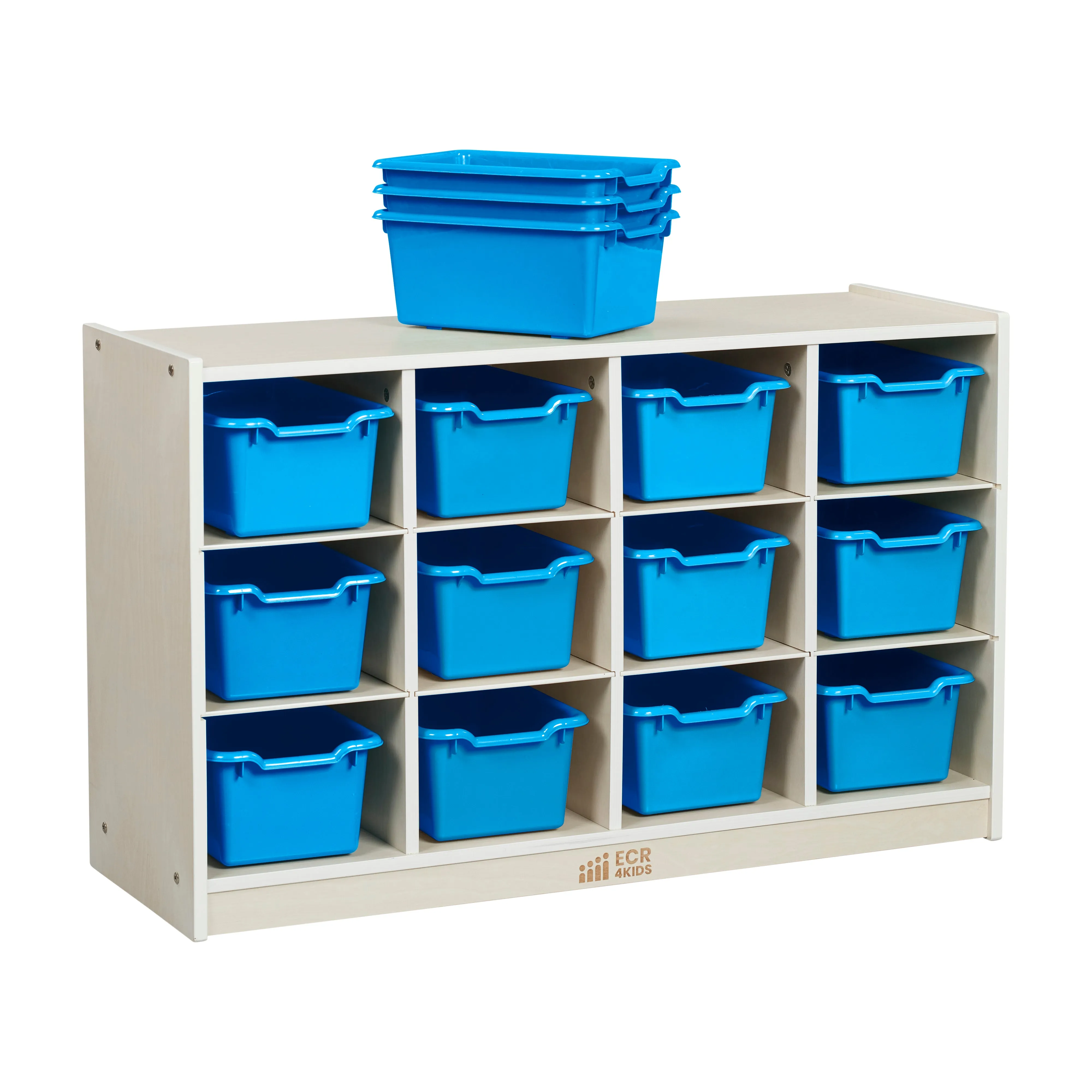 12 Cubby Mobile Tray Cabinet with Scoop Front Storage Bins, White Wash, Classroom Furniture