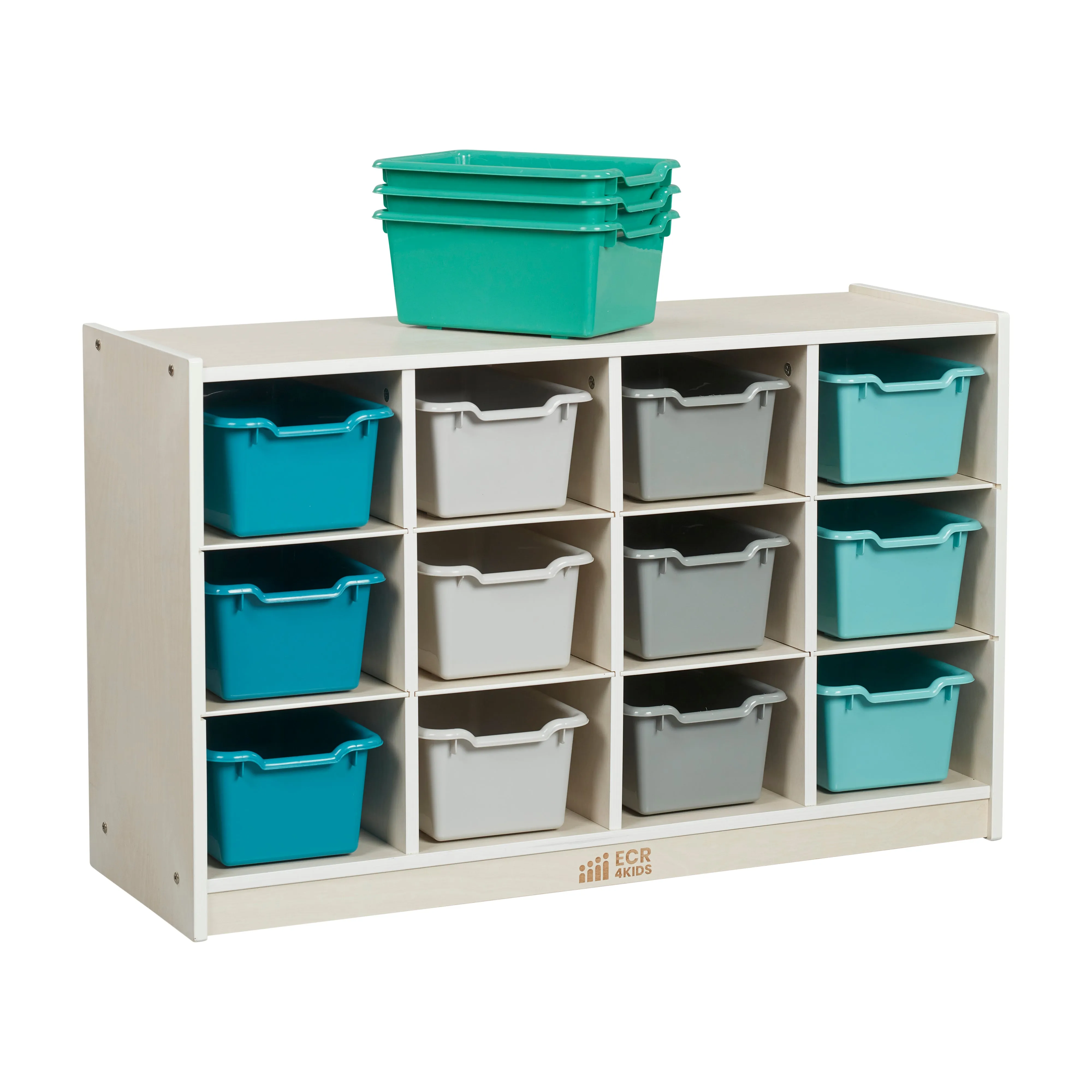 12 Cubby Mobile Tray Cabinet with Scoop Front Storage Bins, White Wash, Classroom Furniture