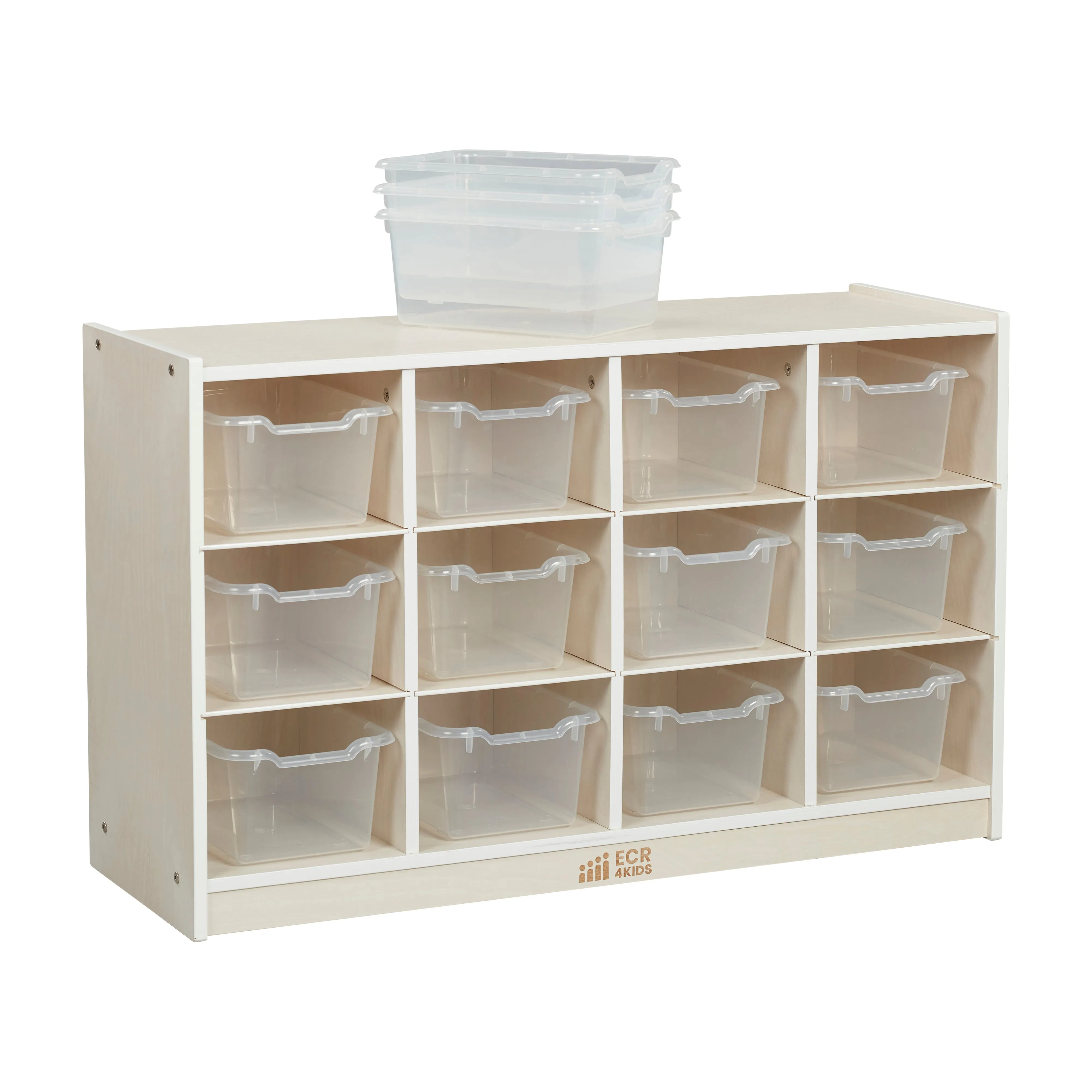 12 Cubby Mobile Tray Cabinet with Scoop Front Storage Bins, White Wash, Classroom Furniture