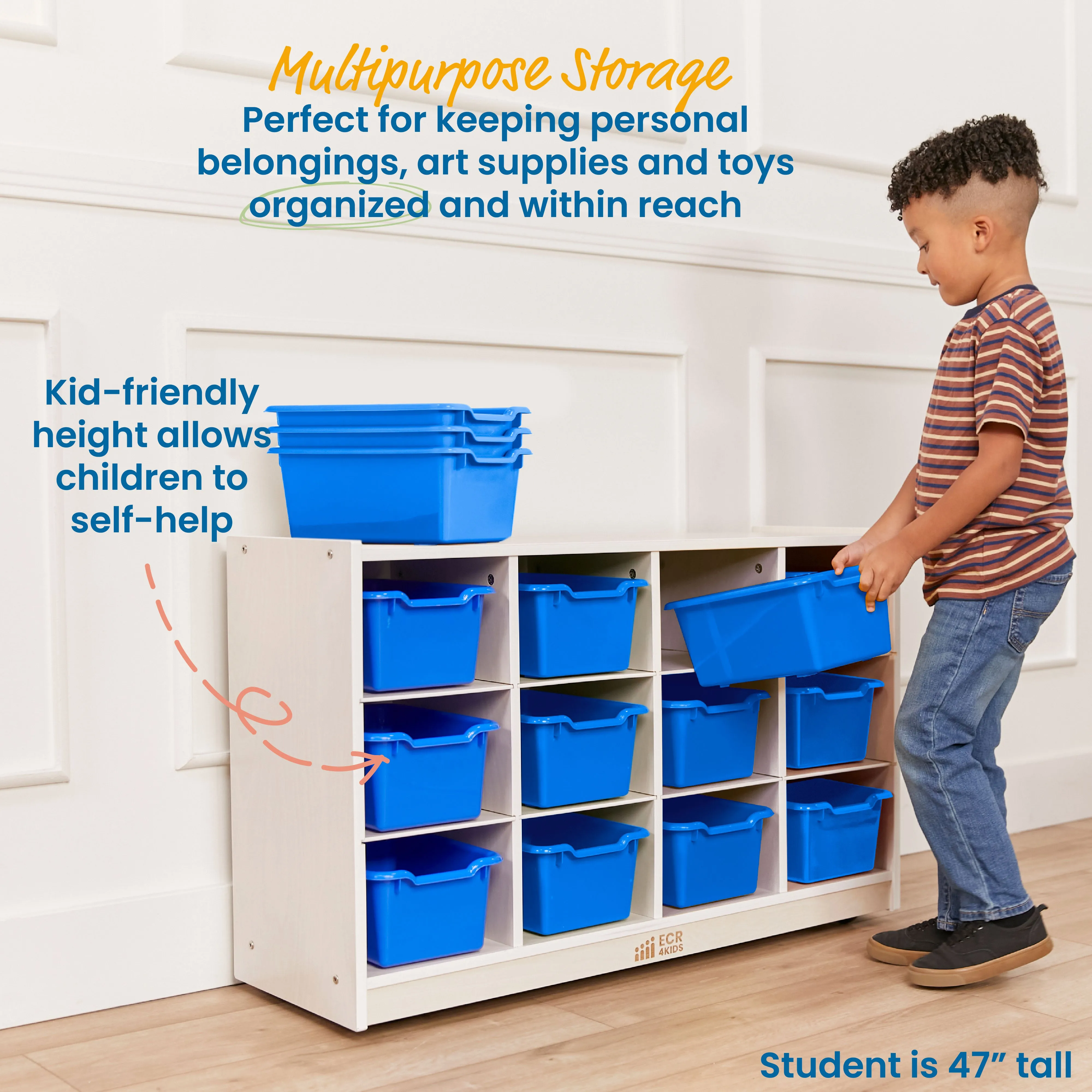 12 Cubby Mobile Tray Cabinet with Scoop Front Storage Bins, White Wash, Classroom Furniture