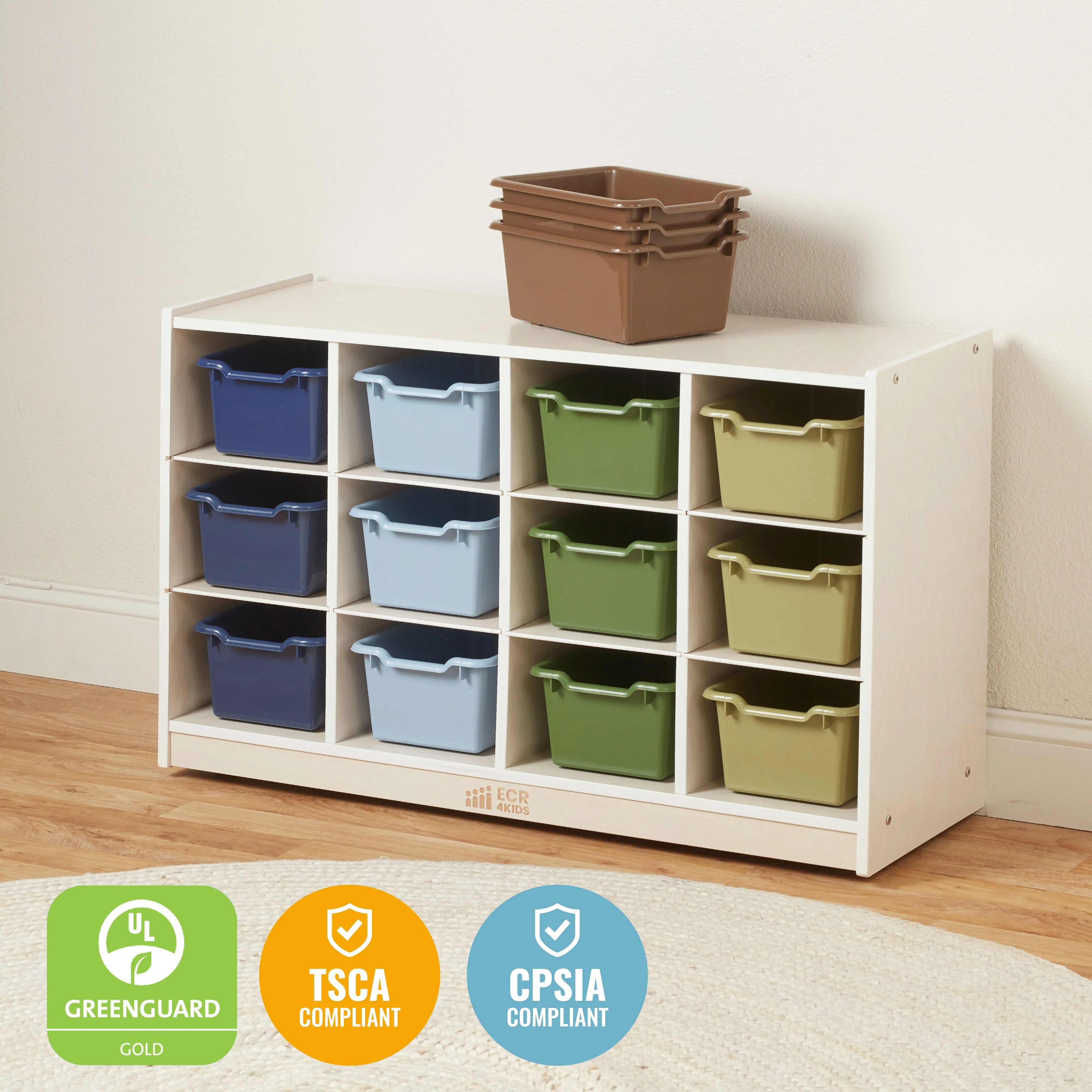 12 Cubby Mobile Tray Cabinet with Scoop Front Storage Bins, White Wash, Classroom Furniture