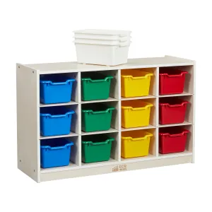 12 Cubby Mobile Tray Cabinet with Scoop Front Storage Bins, White Wash, Classroom Furniture
