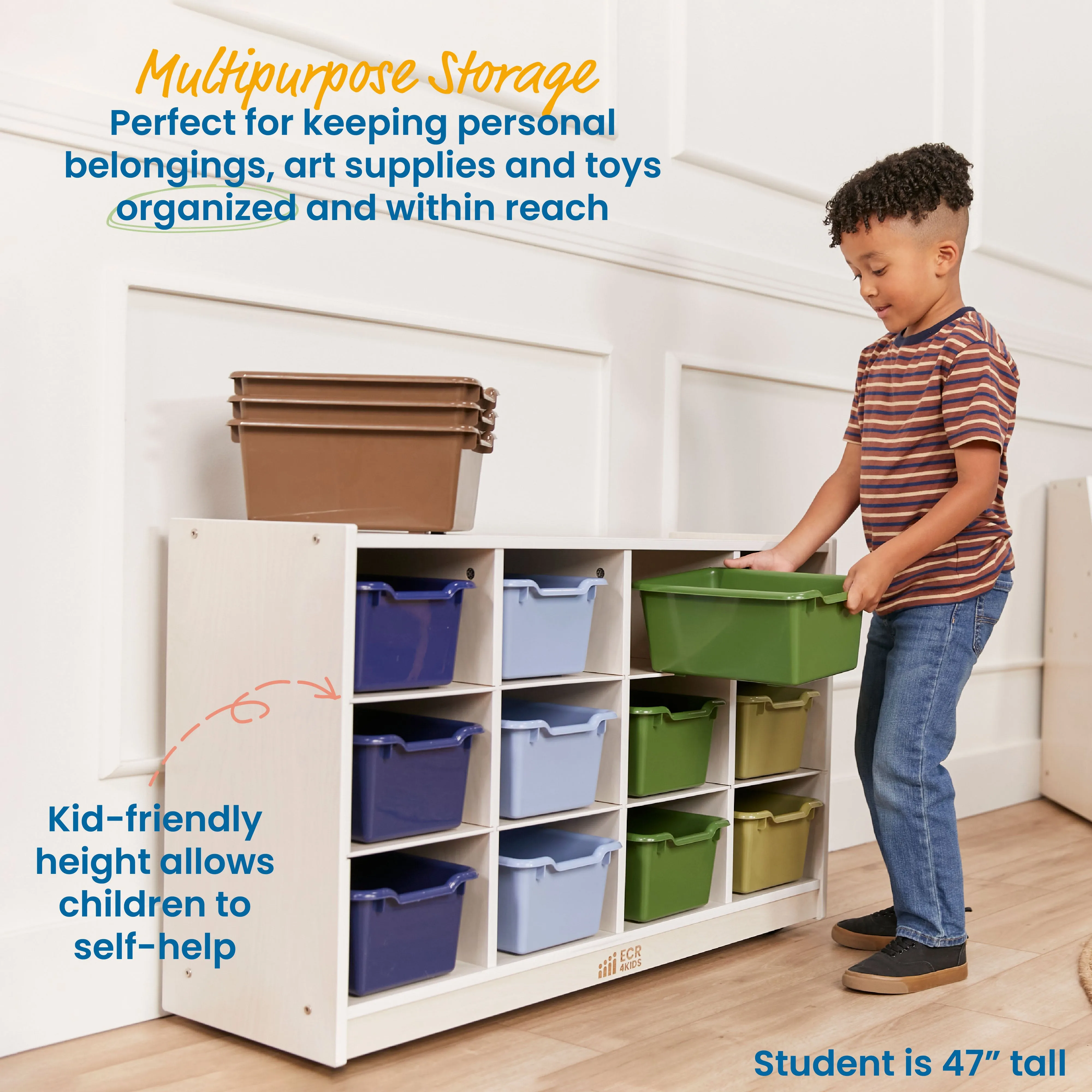 12 Cubby Mobile Tray Cabinet with Scoop Front Storage Bins, White Wash, Classroom Furniture