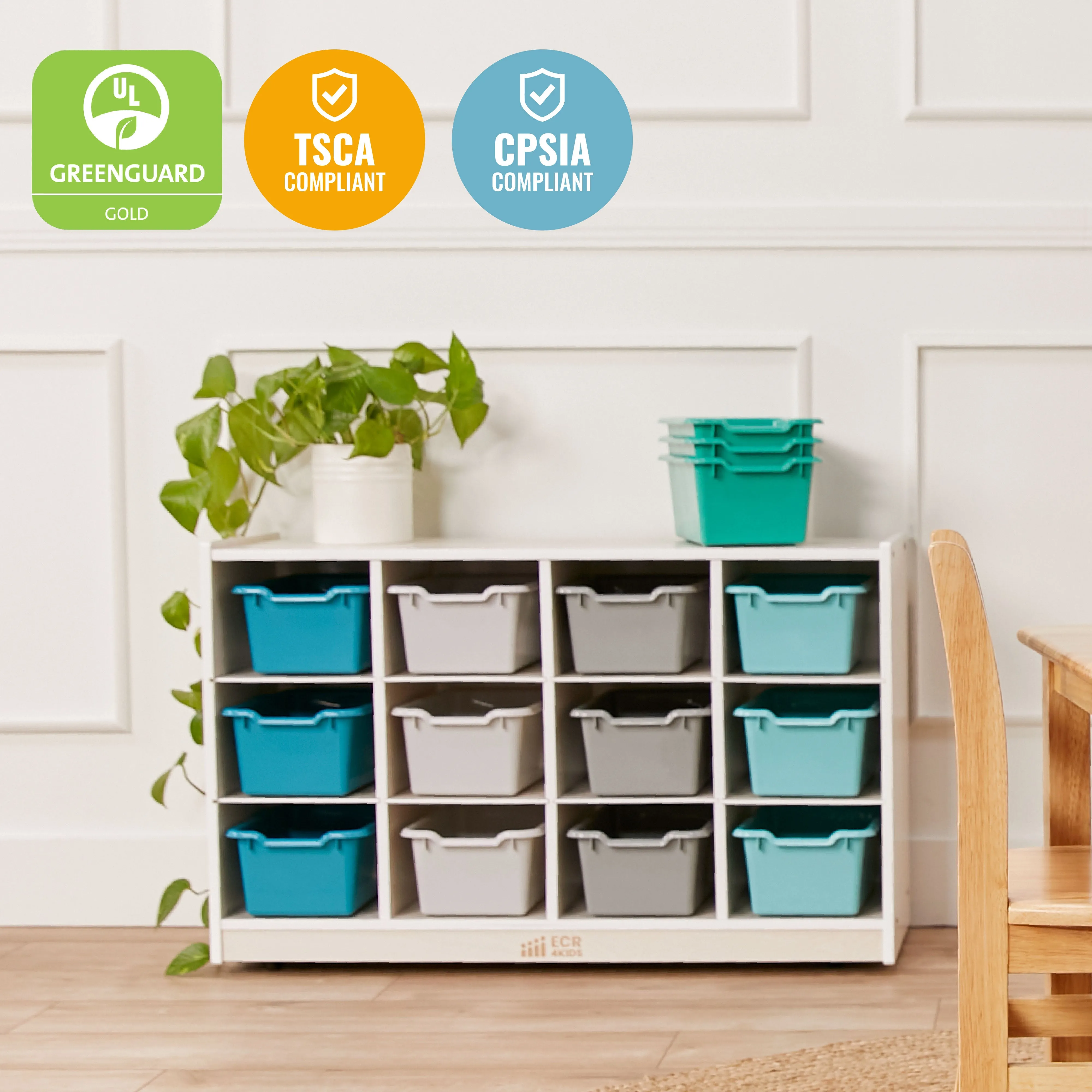 12 Cubby Mobile Tray Cabinet with Scoop Front Storage Bins, White Wash, Classroom Furniture