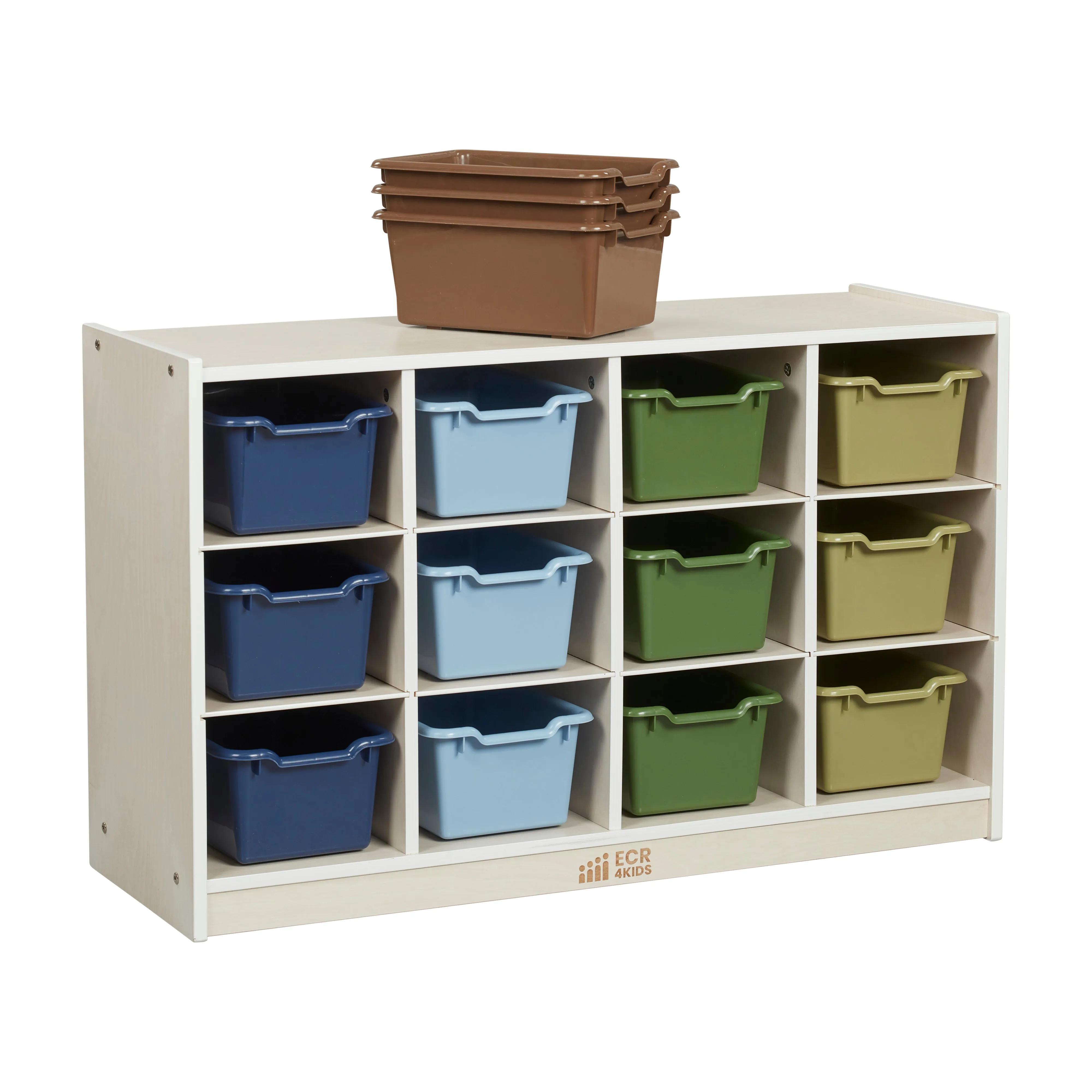 12 Cubby Mobile Tray Cabinet with Scoop Front Storage Bins, White Wash, Classroom Furniture