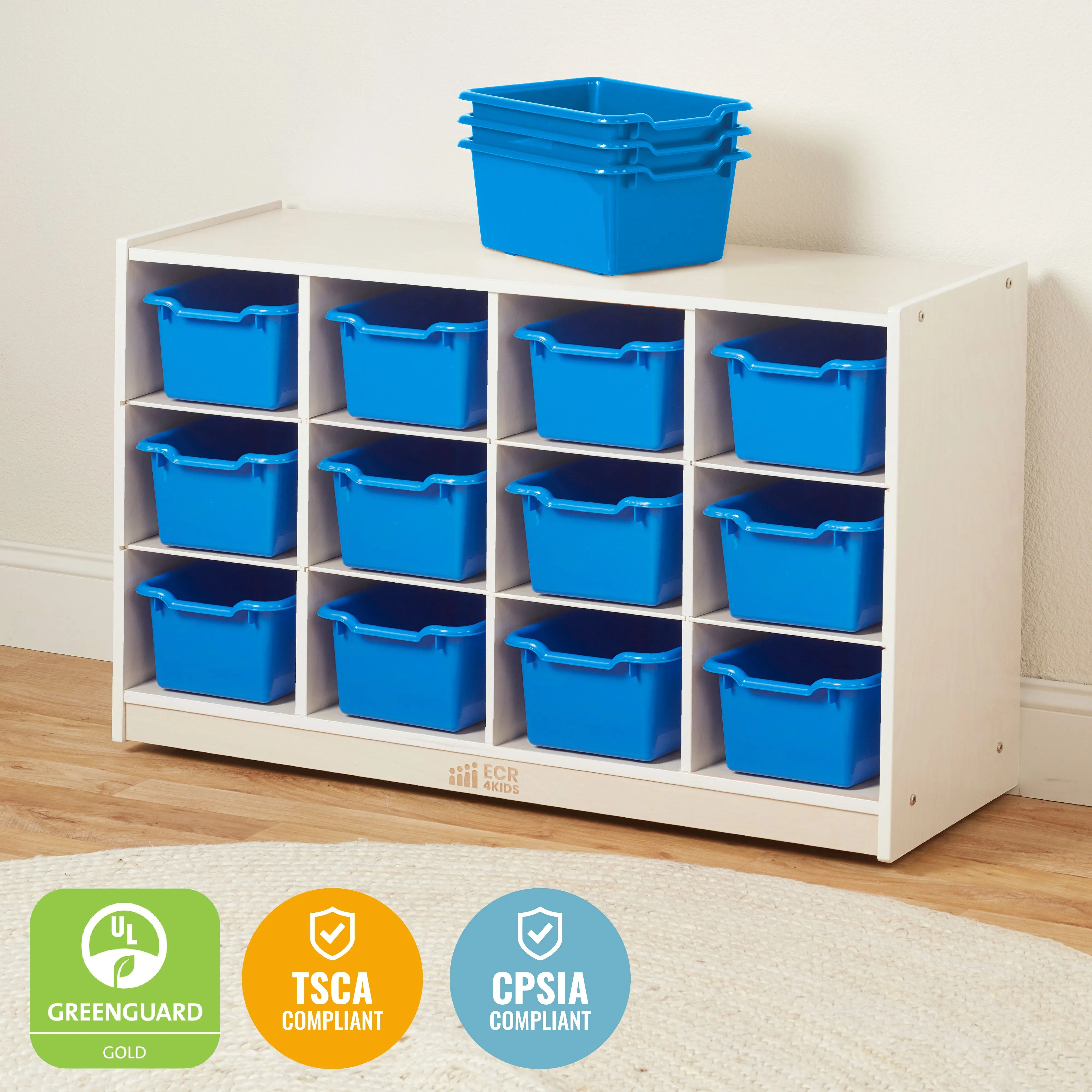12 Cubby Mobile Tray Cabinet with Scoop Front Storage Bins, White Wash, Classroom Furniture