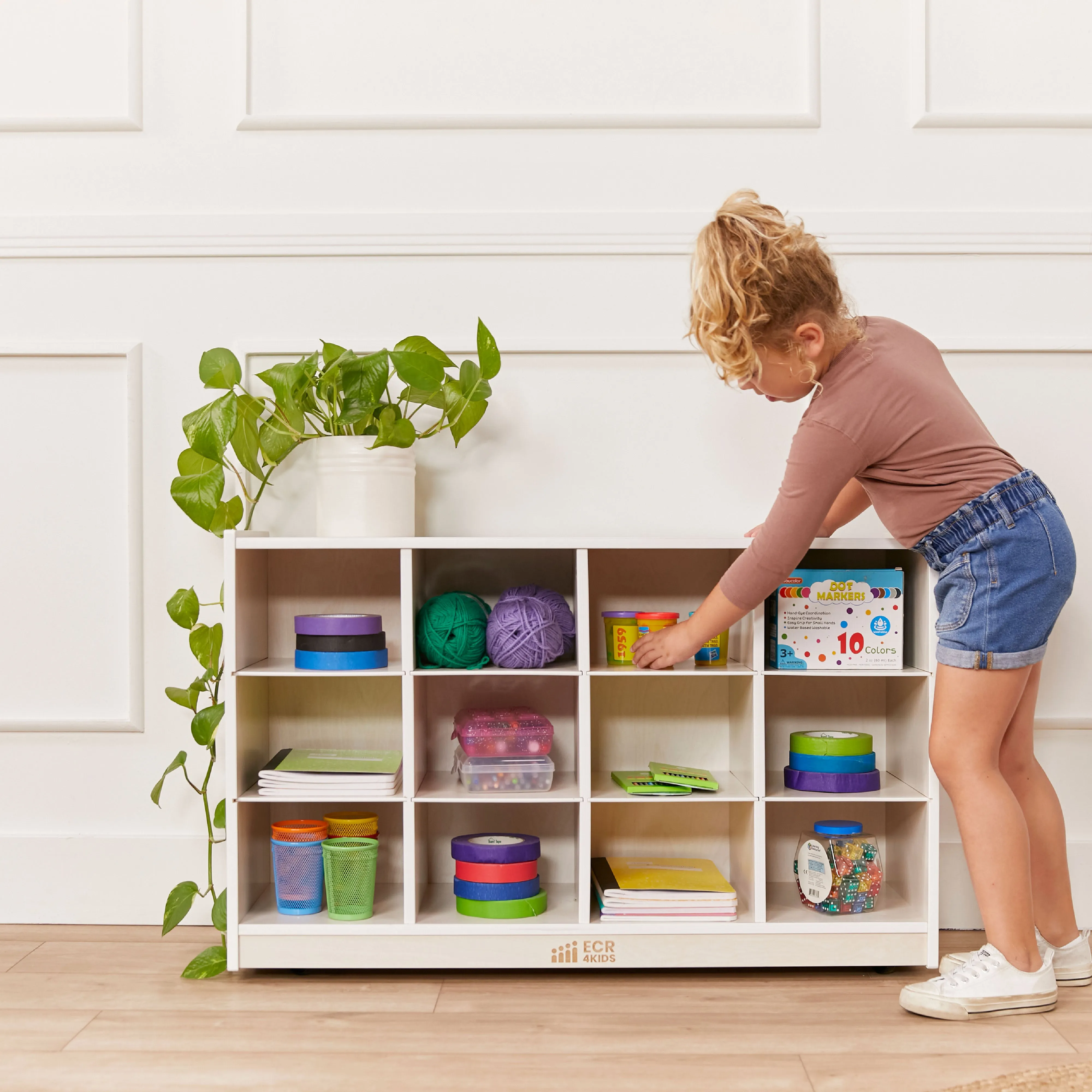 12 Cubby Mobile Tray Cabinet with Scoop Front Storage Bins, White Wash, Classroom Furniture
