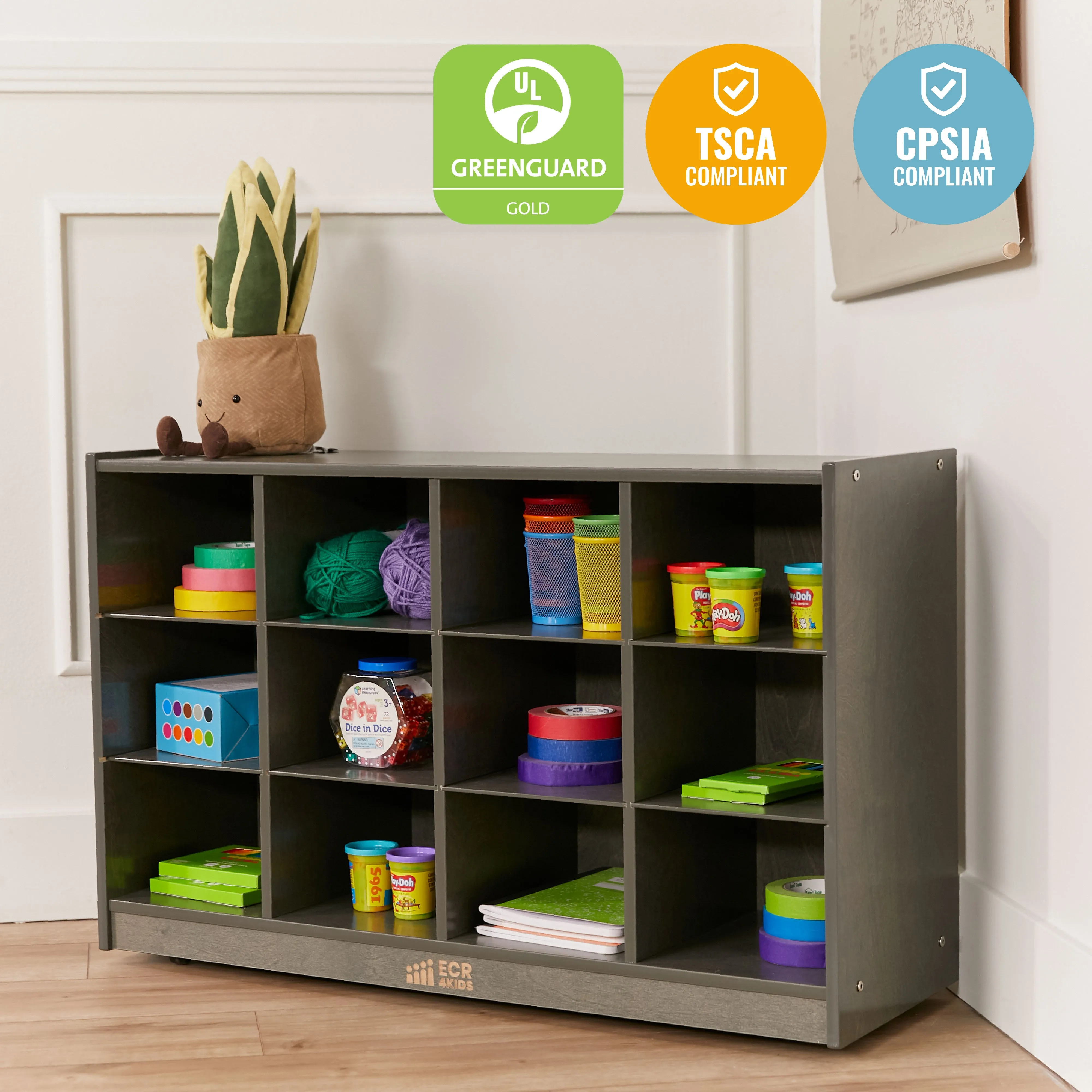 12 Cubby Mobile Tray Storage Cabinet, 3x4, Classroom Furniture