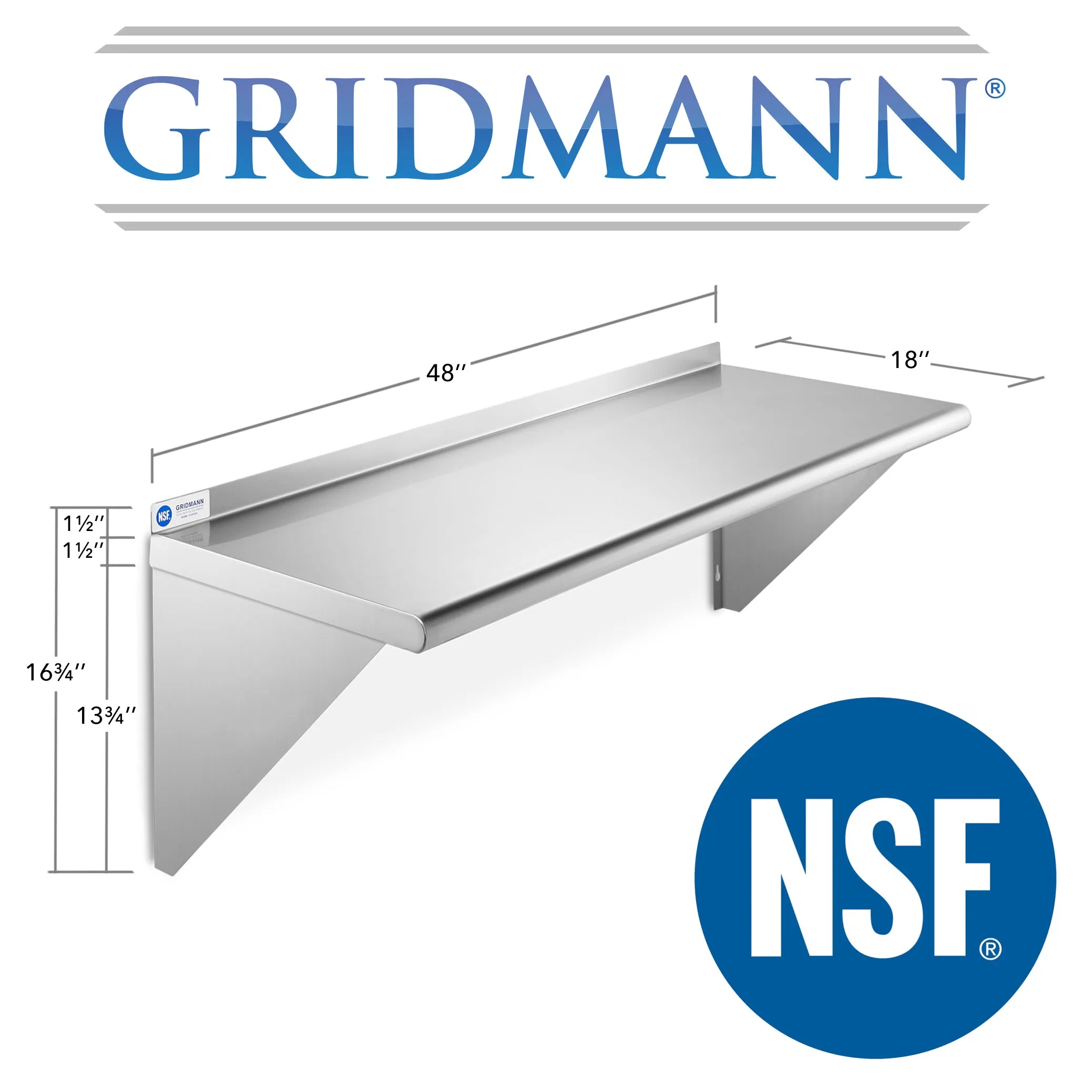 18-Inch Deep Stainless Steel Wall-Mount Shelves, NSF Certified