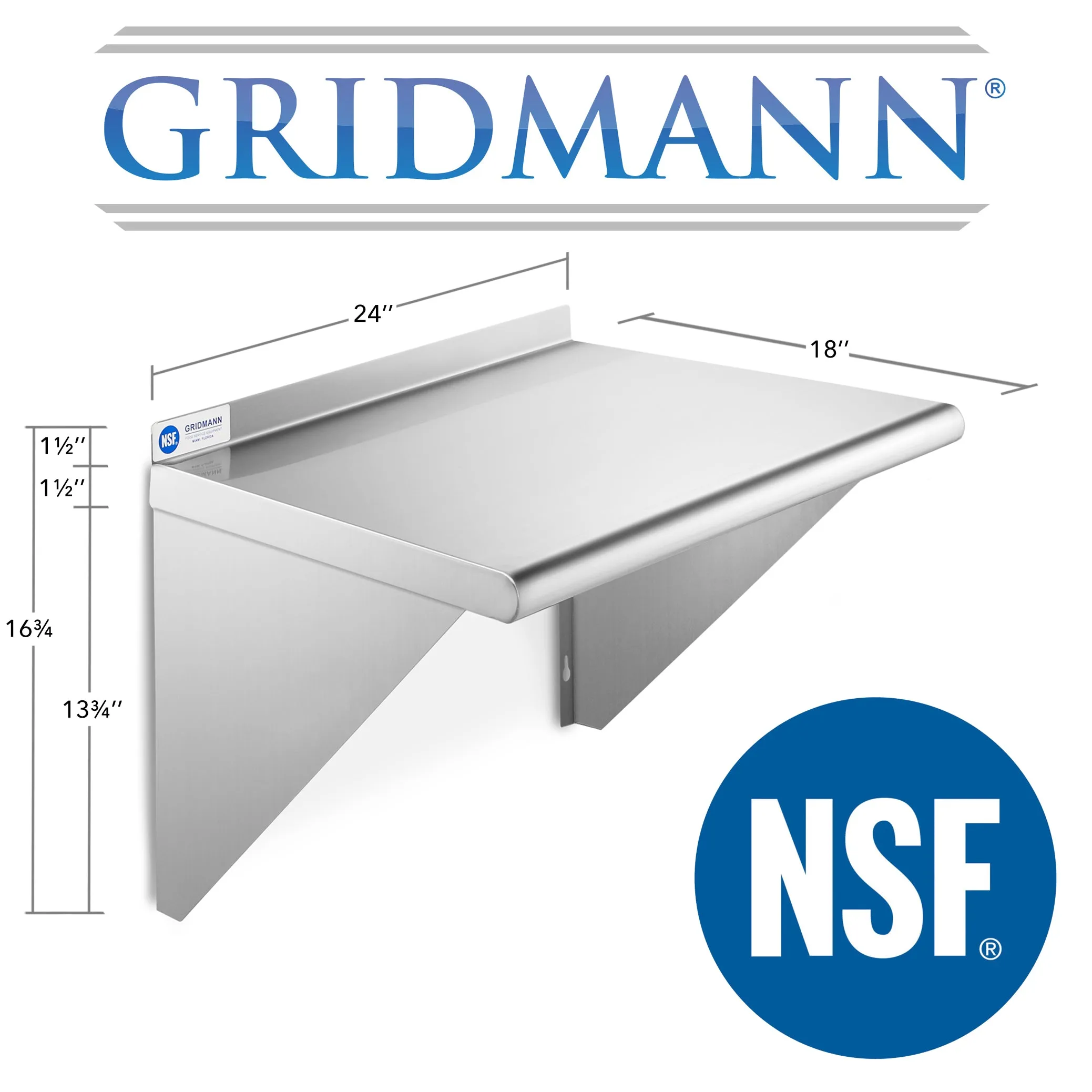 18-Inch Deep Stainless Steel Wall-Mount Shelves, NSF Certified