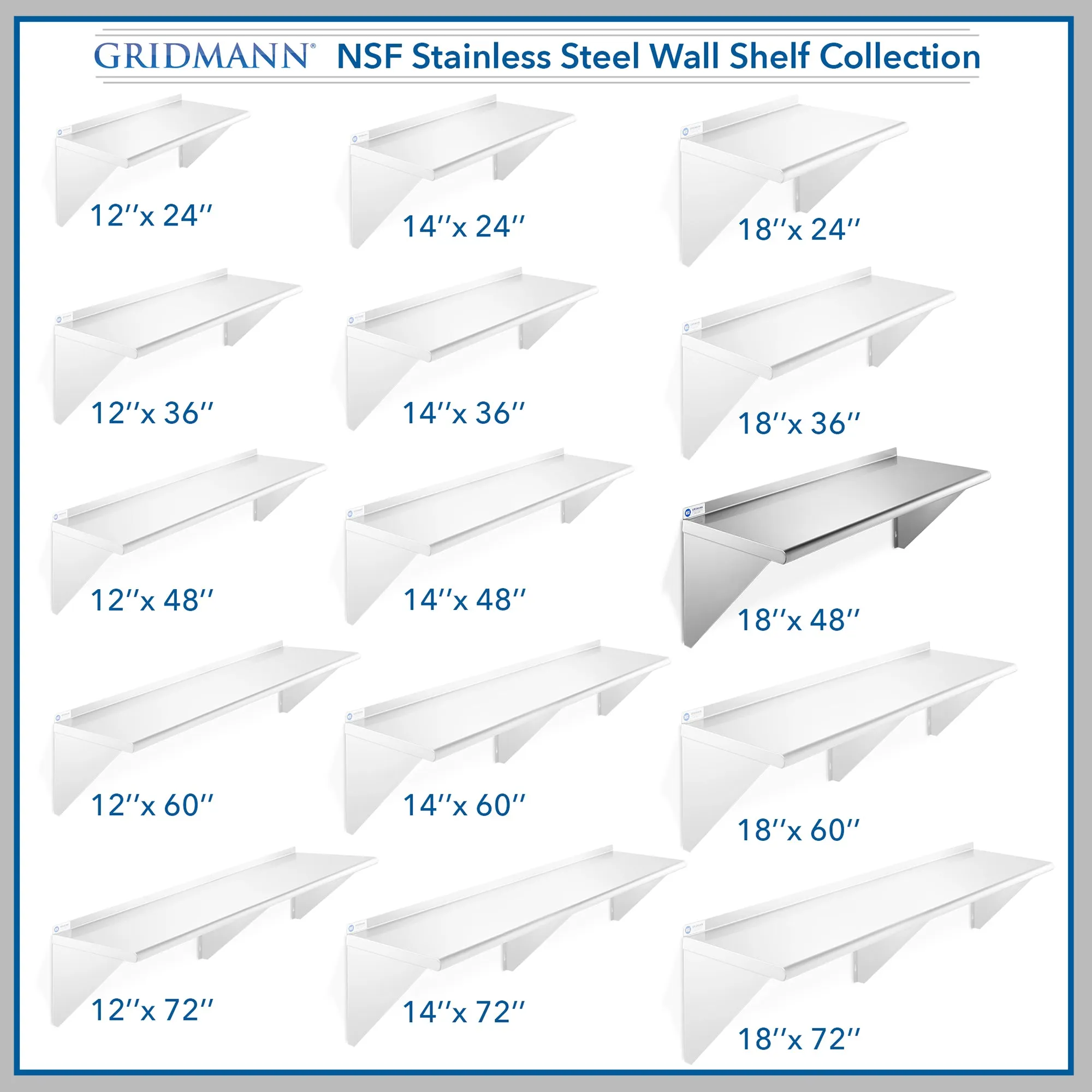 18-Inch Deep Stainless Steel Wall-Mount Shelves, NSF Certified