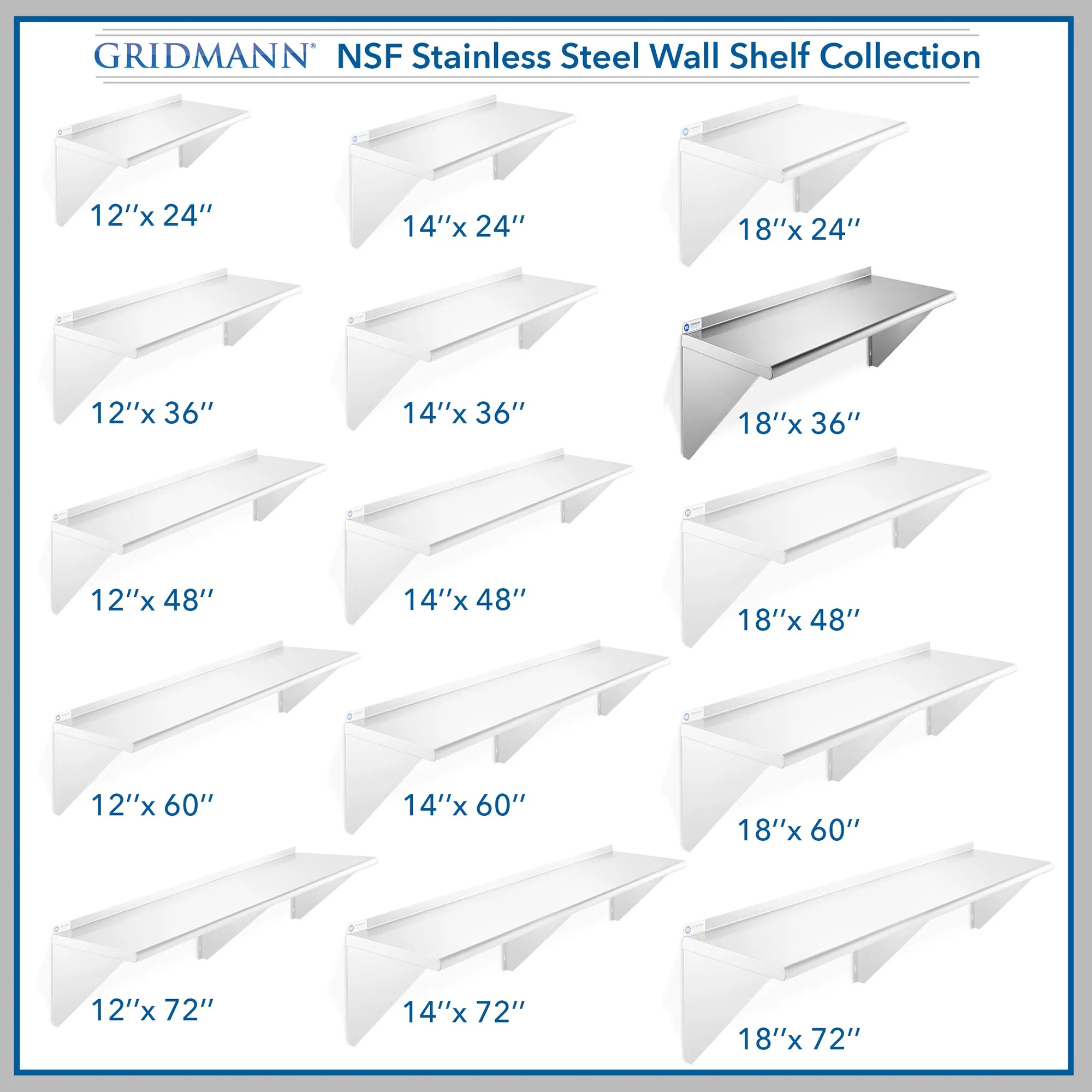 18-Inch Deep Stainless Steel Wall-Mount Shelves, NSF Certified