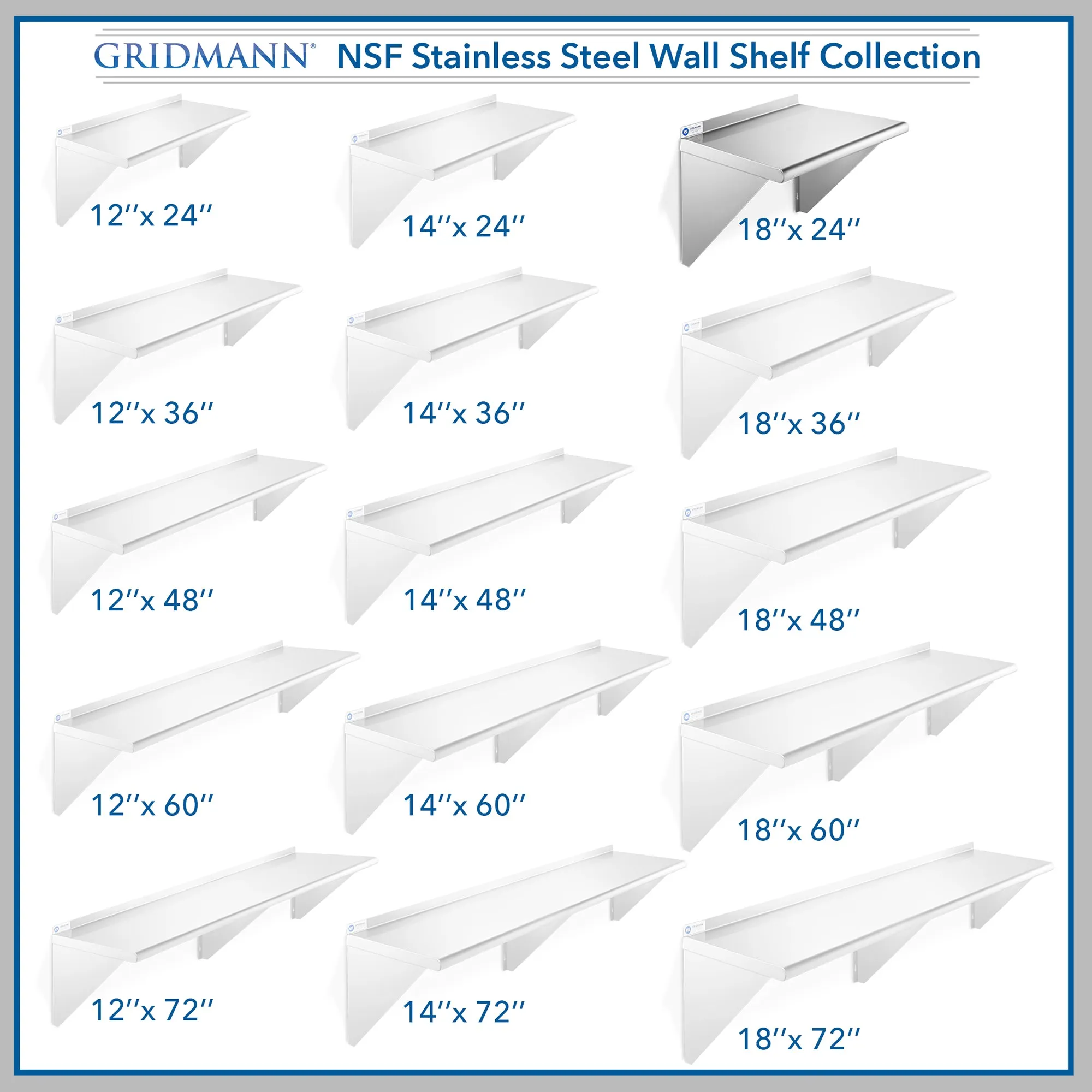 18-Inch Deep Stainless Steel Wall-Mount Shelves, NSF Certified