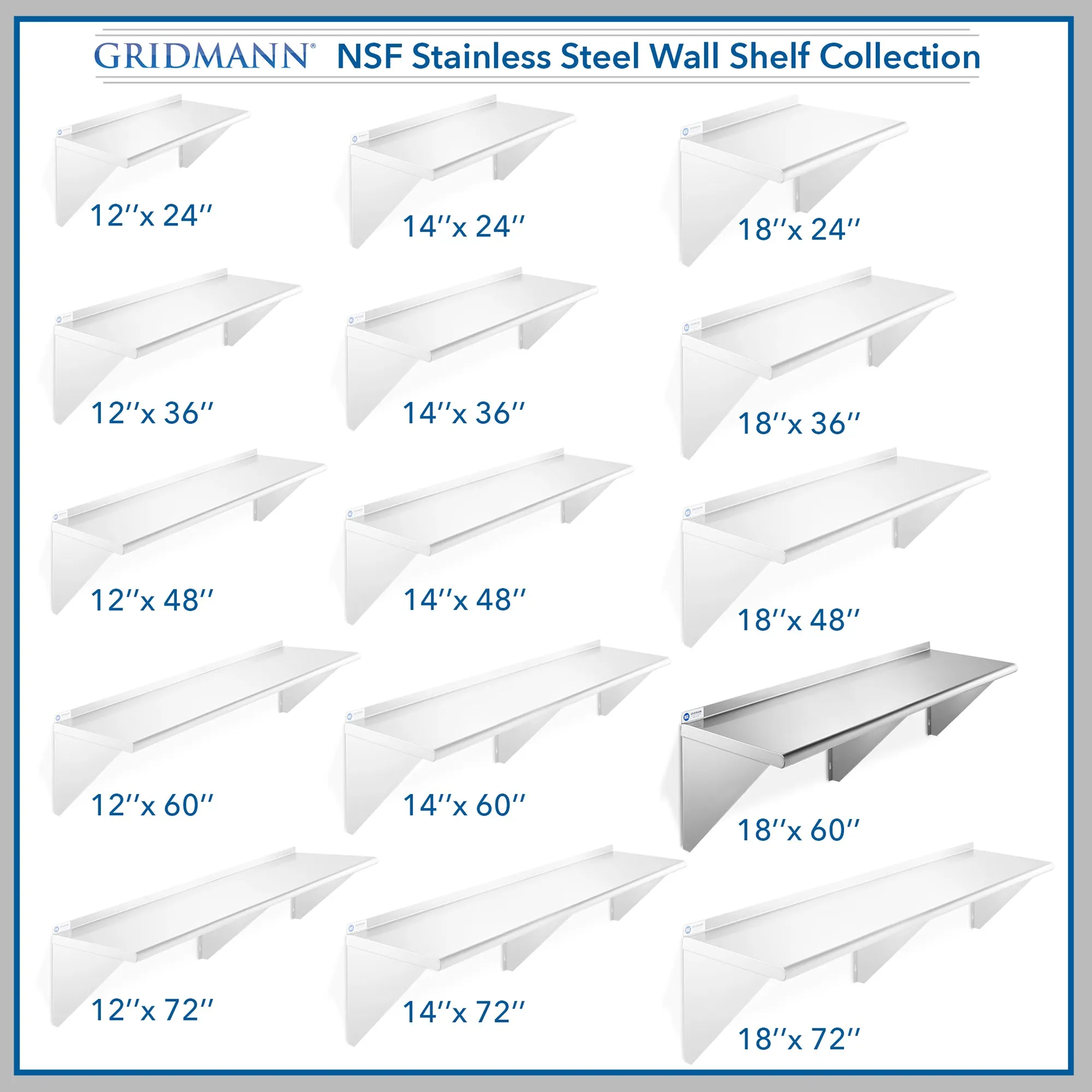 18-Inch Deep Stainless Steel Wall-Mount Shelves, NSF Certified