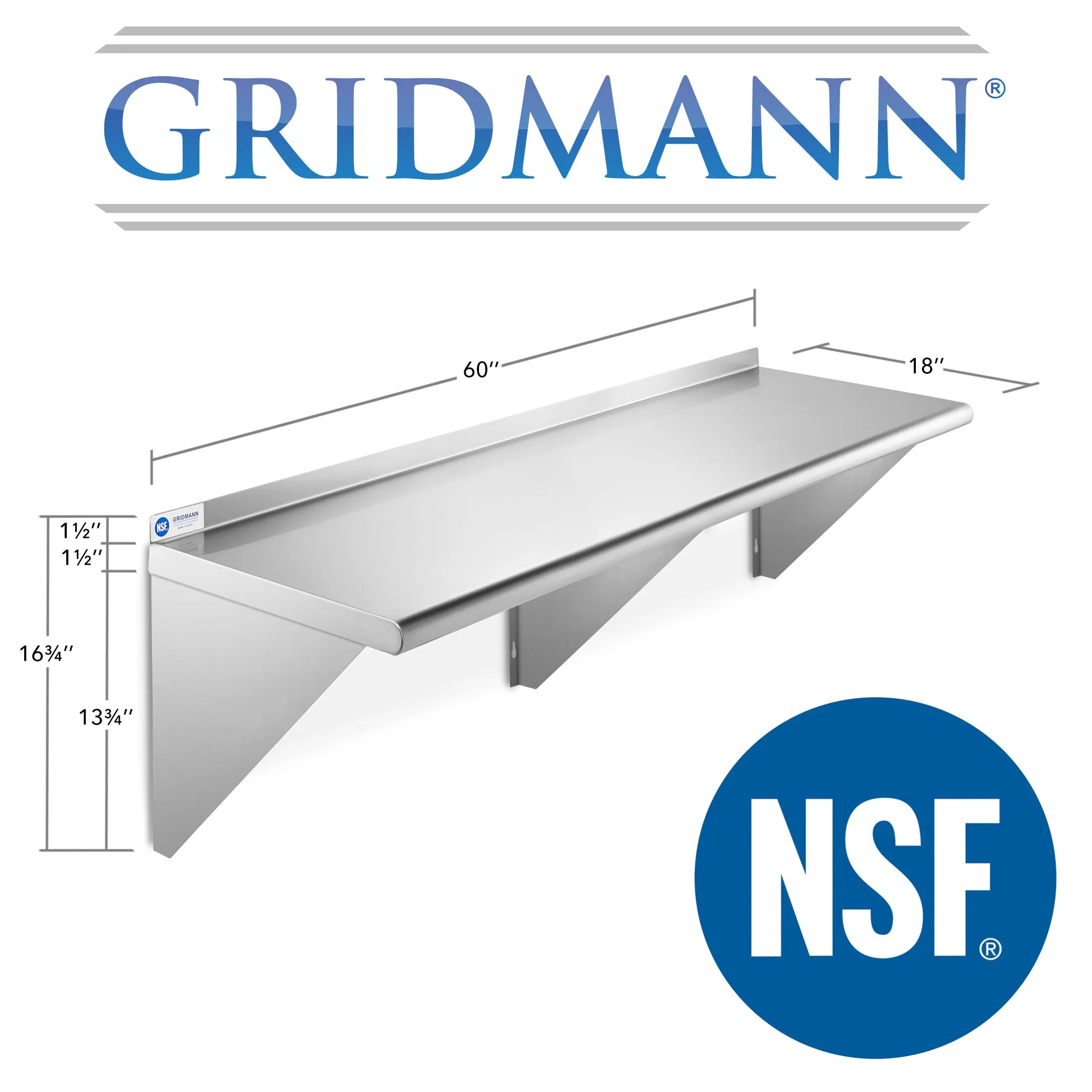 18-Inch Deep Stainless Steel Wall-Mount Shelves, NSF Certified