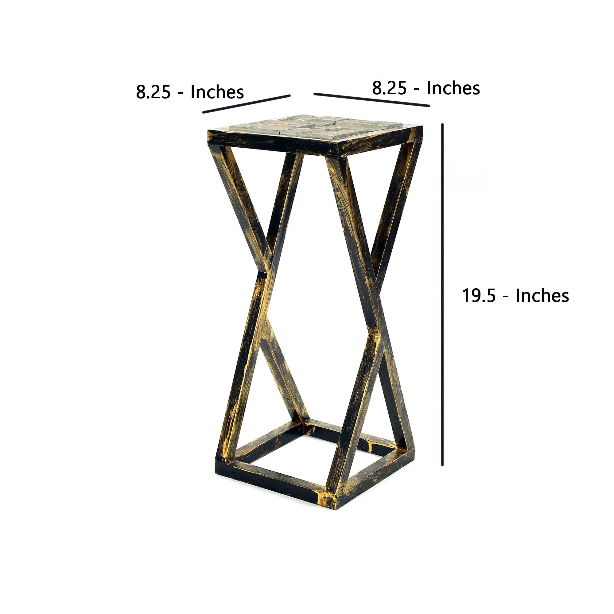 19.5 Inches Stone Top Plant Stand With Geometric Base Black And Gray By Benzara