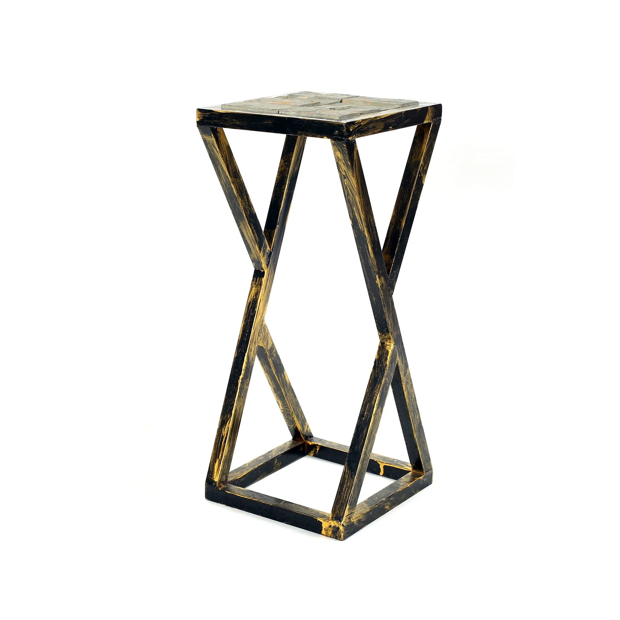 19.5 Inches Stone Top Plant Stand With Geometric Base Black And Gray By Benzara