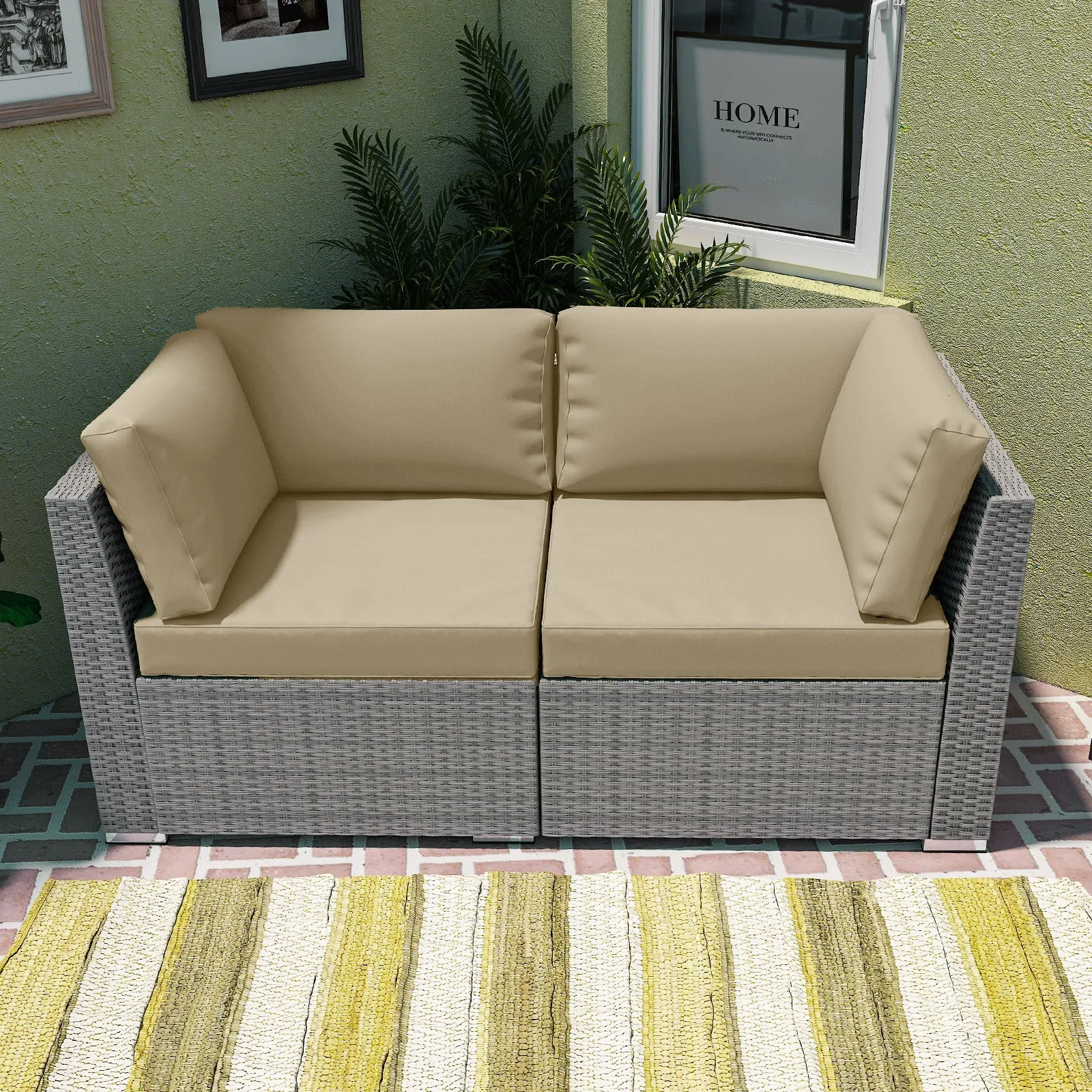 2 Piece Outdoor Wicker Loveseat with Removable Cushions, Sectional Wicker Loveseat Sofa