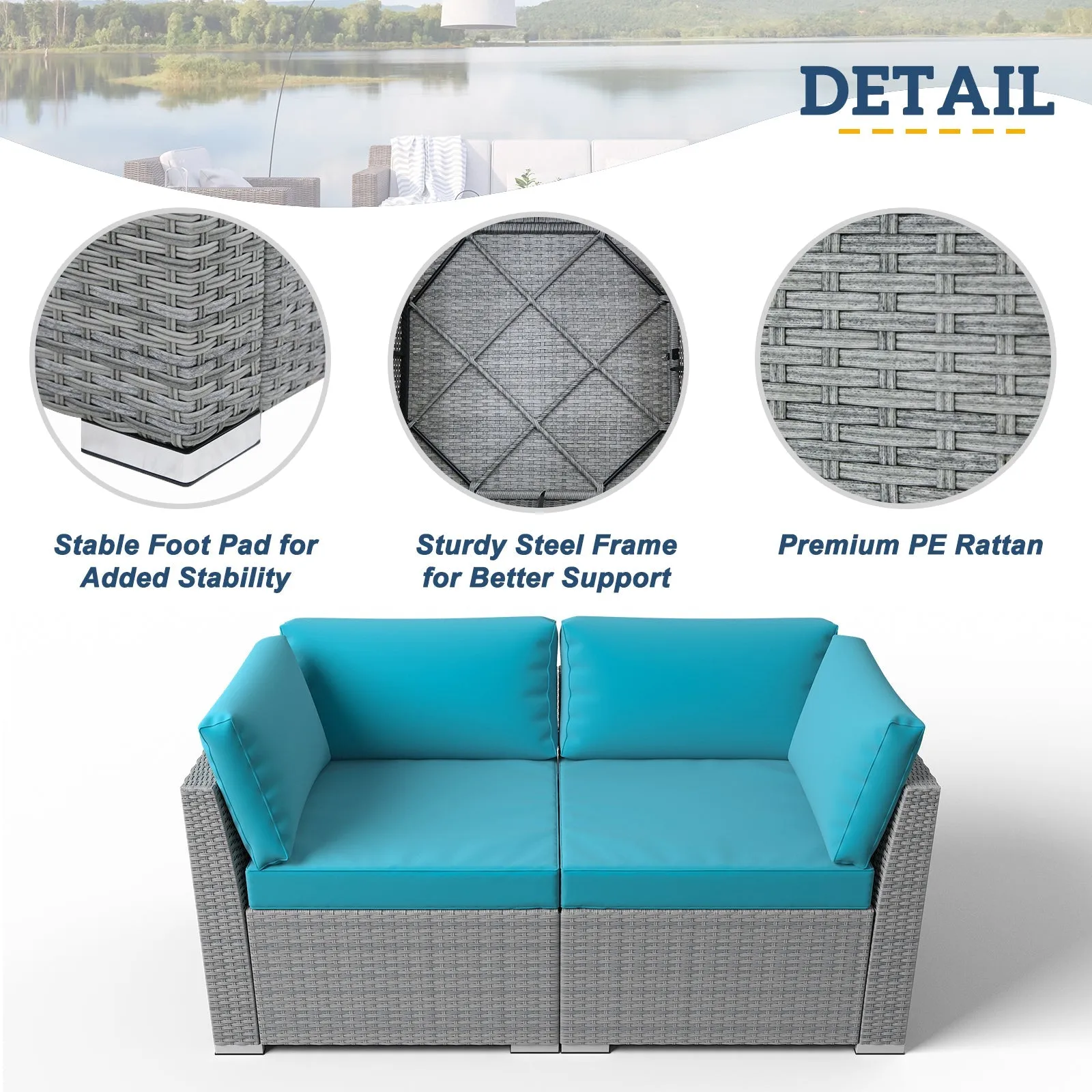 2 Piece Outdoor Wicker Loveseat with Removable Cushions, Sectional Wicker Loveseat Sofa