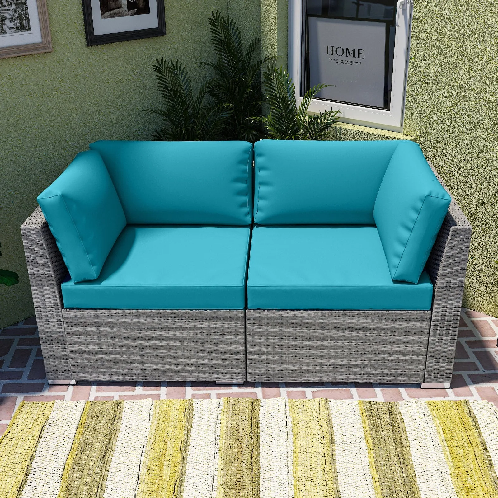 2 Piece Outdoor Wicker Loveseat with Removable Cushions, Sectional Wicker Loveseat Sofa