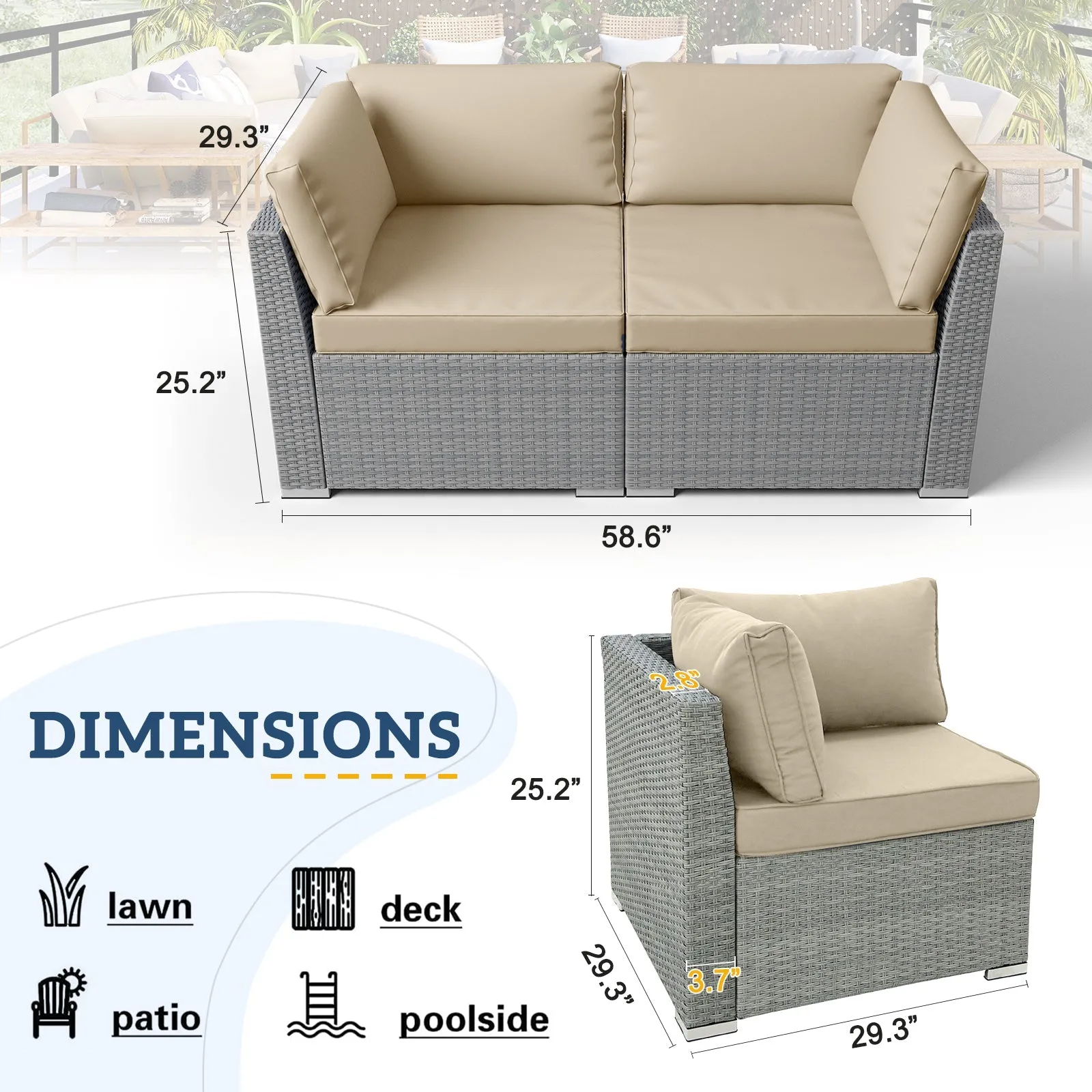 2 Piece Outdoor Wicker Loveseat with Removable Cushions, Sectional Wicker Loveseat Sofa