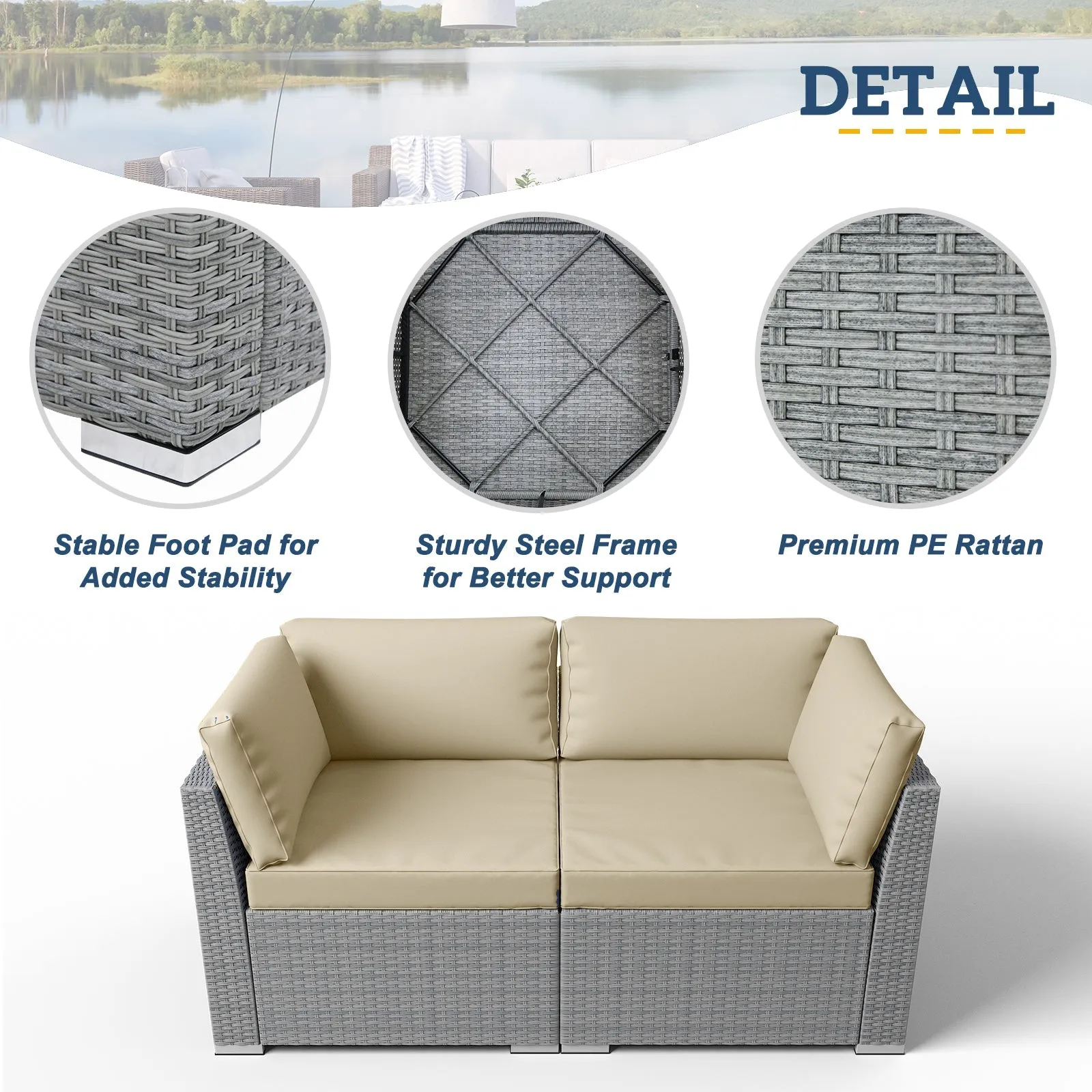 2 Piece Outdoor Wicker Loveseat with Removable Cushions, Sectional Wicker Loveseat Sofa