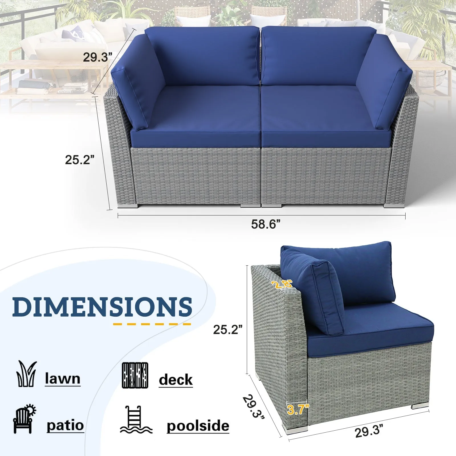 2 Piece Outdoor Wicker Loveseat with Removable Cushions, Sectional Wicker Loveseat Sofa