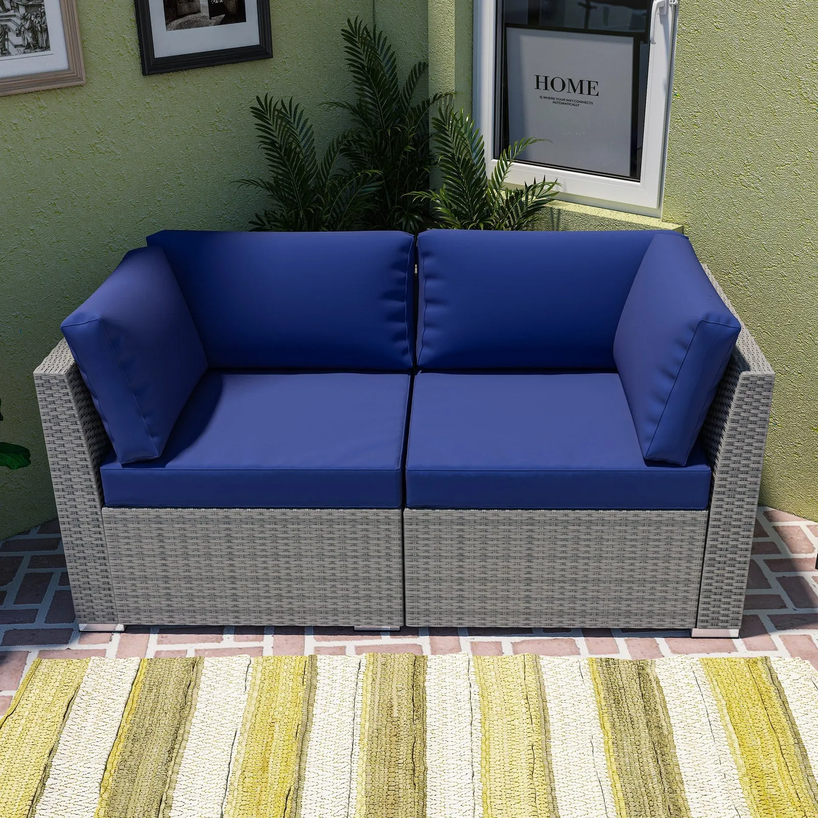 2 Piece Outdoor Wicker Loveseat with Removable Cushions, Sectional Wicker Loveseat Sofa