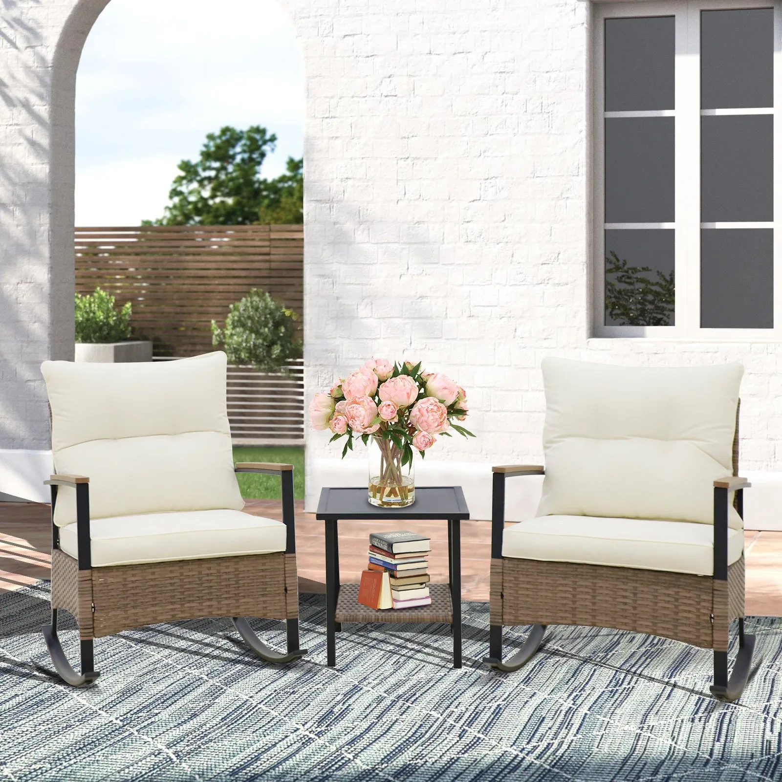 3 PCS Mojave Dusk Patio Wicker Furniture, 2 Rocking Chairs and Side Table, Brown/Beige