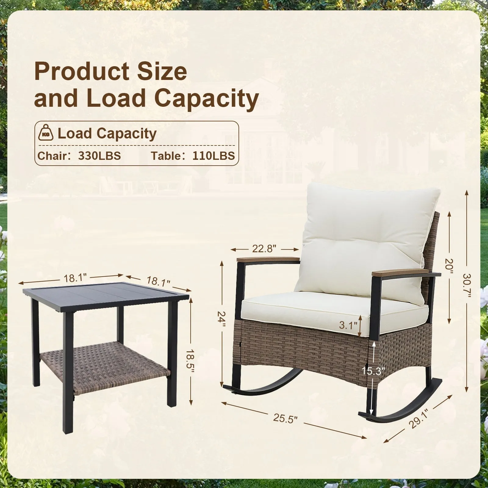 3 PCS Mojave Dusk Patio Wicker Furniture, 2 Rocking Chairs and Side Table, Brown/Beige