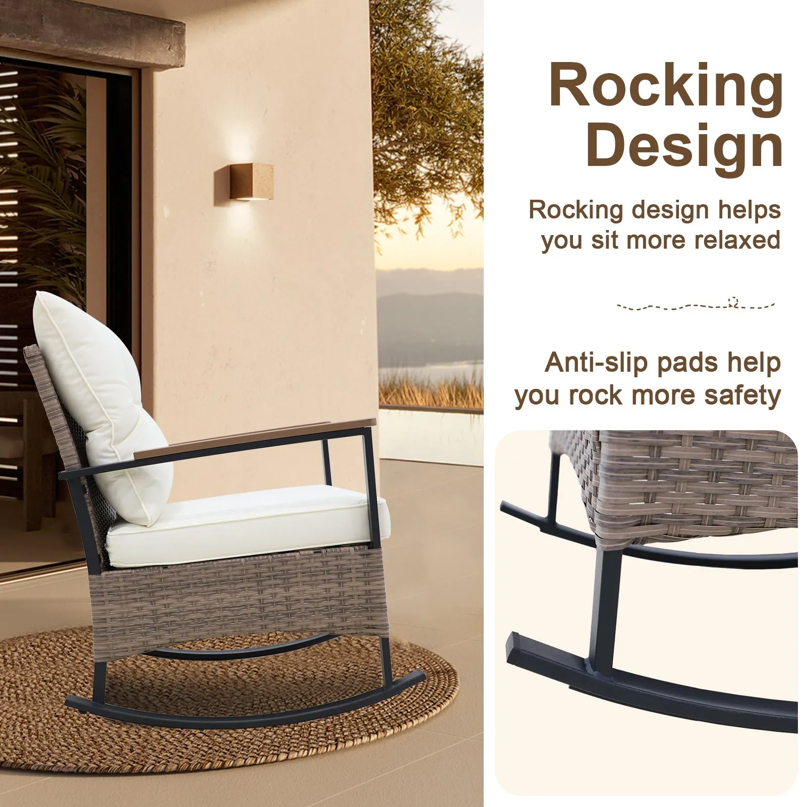 3 PCS Mojave Dusk Patio Wicker Furniture, 2 Rocking Chairs and Side Table, Brown/Beige