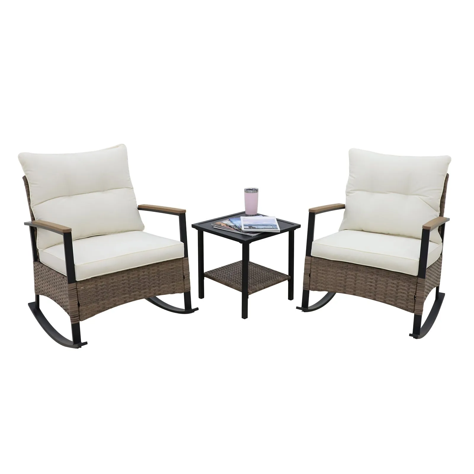 3 PCS Mojave Dusk Patio Wicker Furniture, 2 Rocking Chairs and Side Table, Brown/Beige