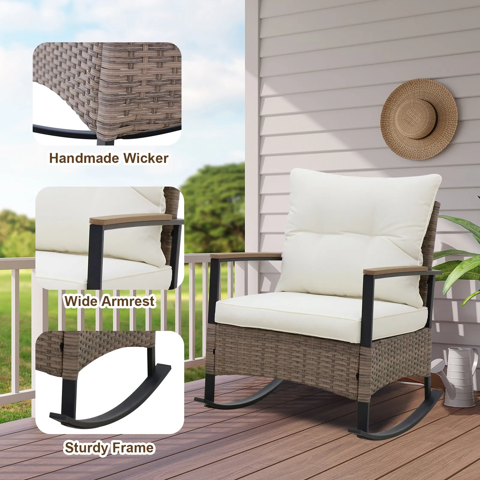3 PCS Mojave Dusk Patio Wicker Furniture, 2 Rocking Chairs and Side Table, Brown/Beige