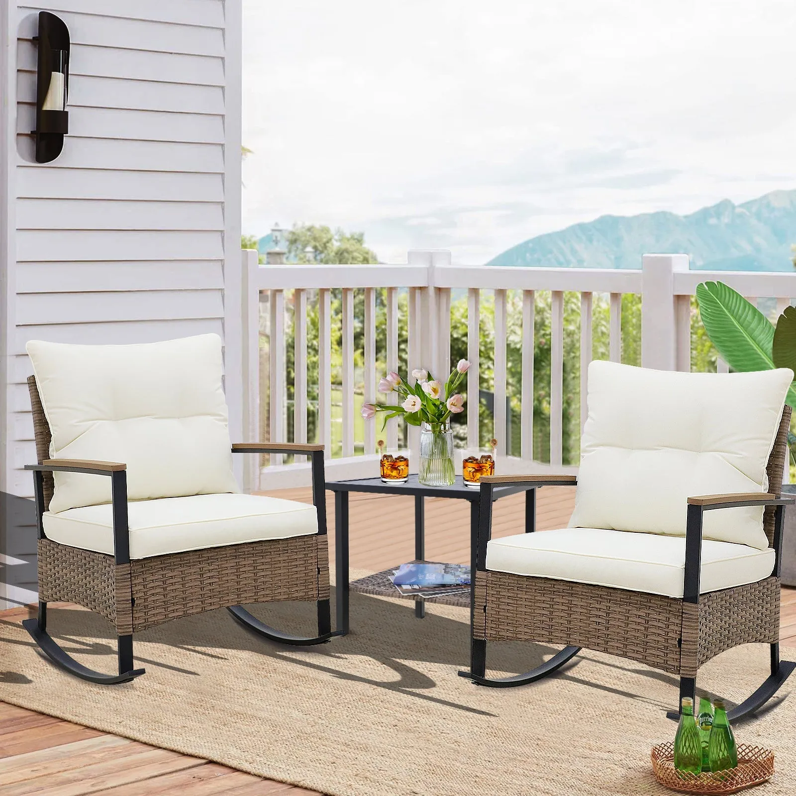 3 PCS Mojave Dusk Patio Wicker Furniture, 2 Rocking Chairs and Side Table, Brown/Beige