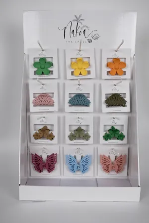 3 x Assorted Flower Claw Clips, 3 Assorted Small Double Butterflies, 3 Assorted Small Leaves, 3 Assorted Frangipani Trios  - 3 Per Colour - Total 36 Pieces