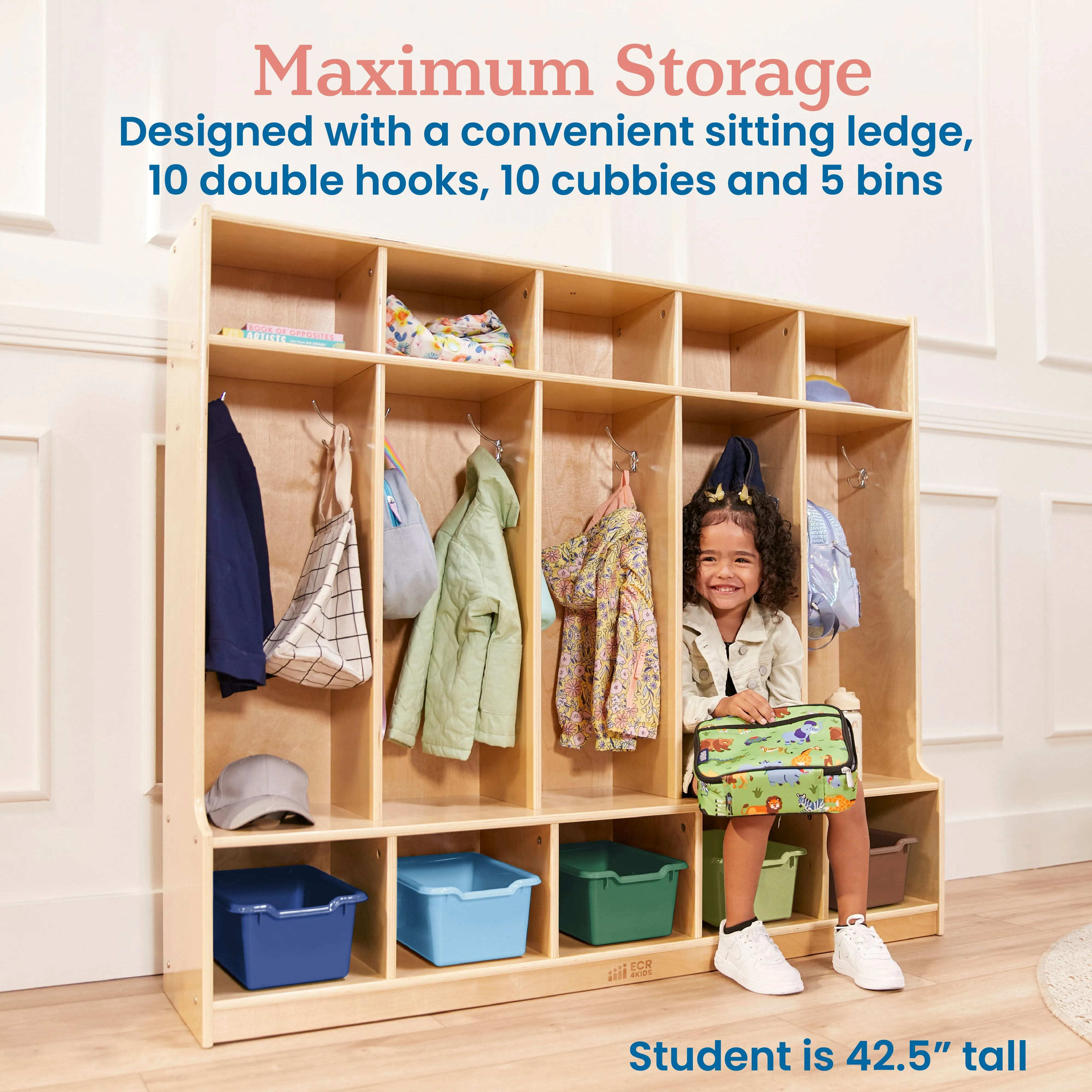 5-Section Coat Locker with Bench and 5 Scoop Front Storage Bins