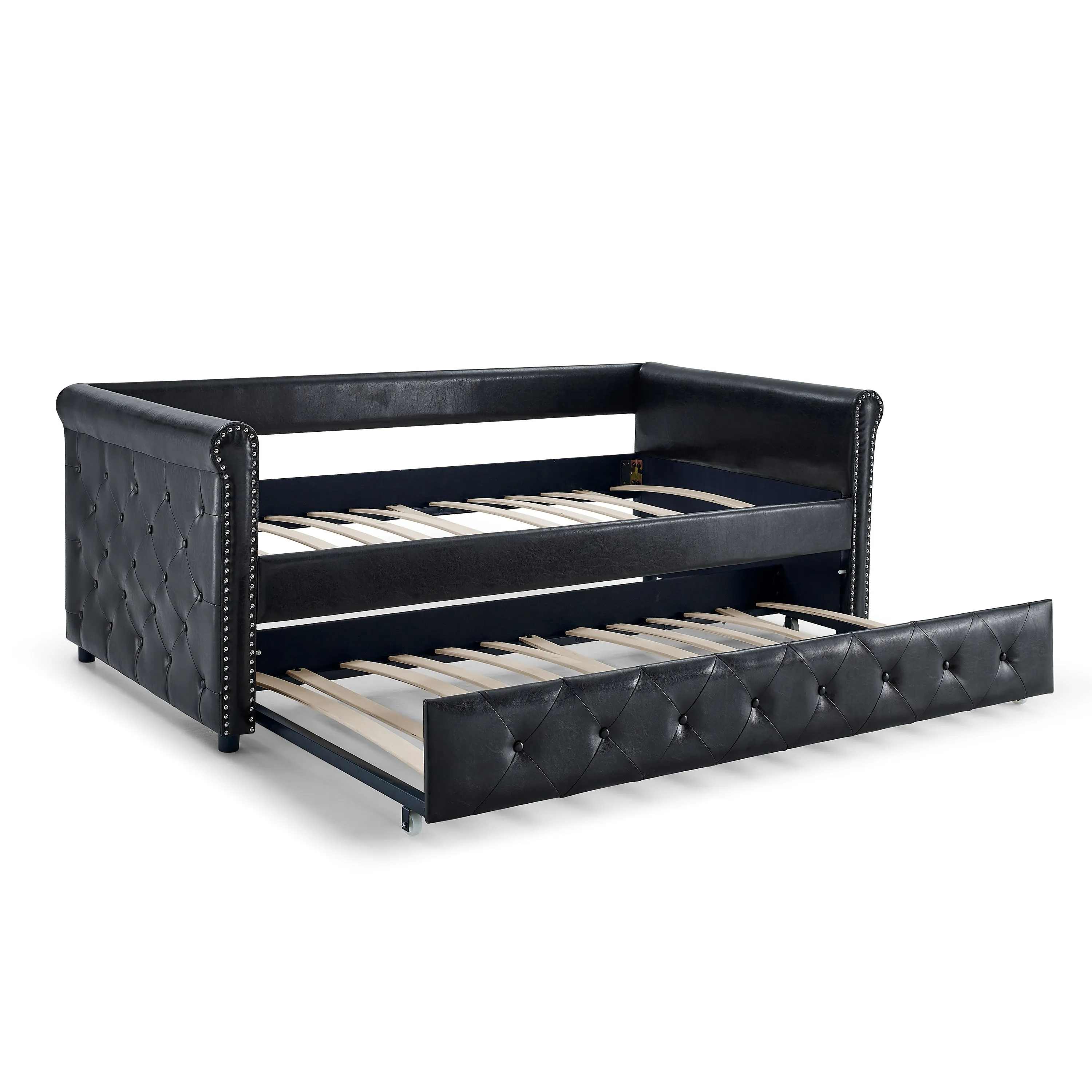 Aniya Twin Size Upholstered Daybed with Twin Size Trundle - Black PU