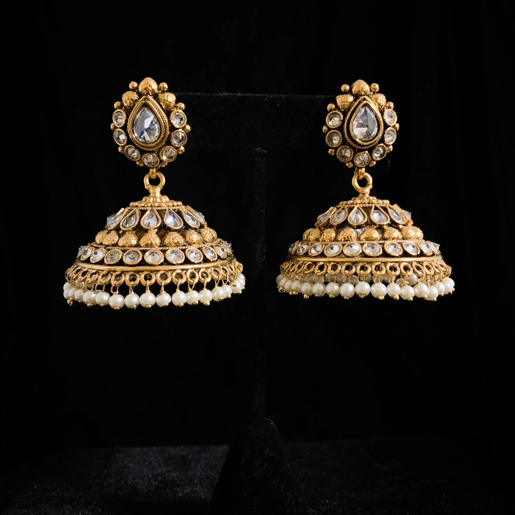 Antique Gold Big Jhumka Earring with White stones