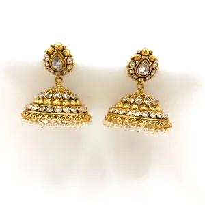 Antique Gold Big Jhumka Earring with White stones