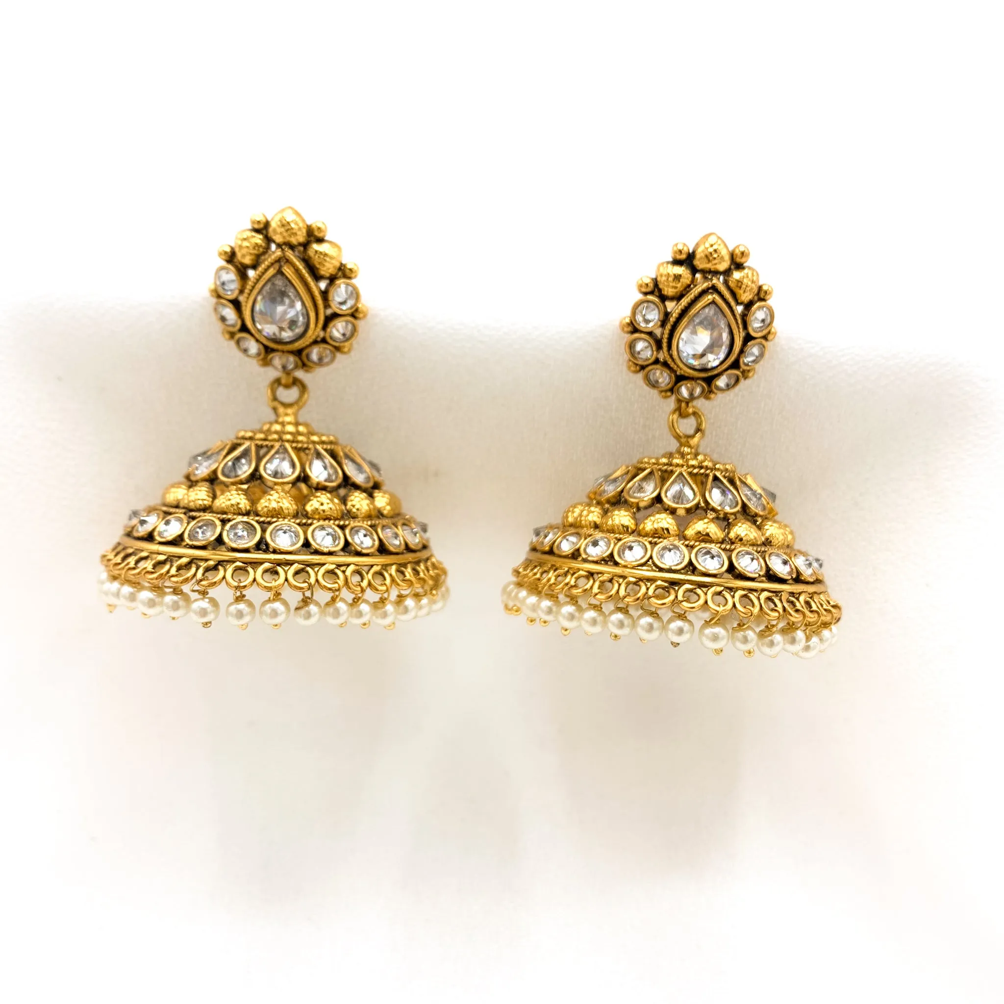 Antique Gold Big Jhumka Earring with White stones