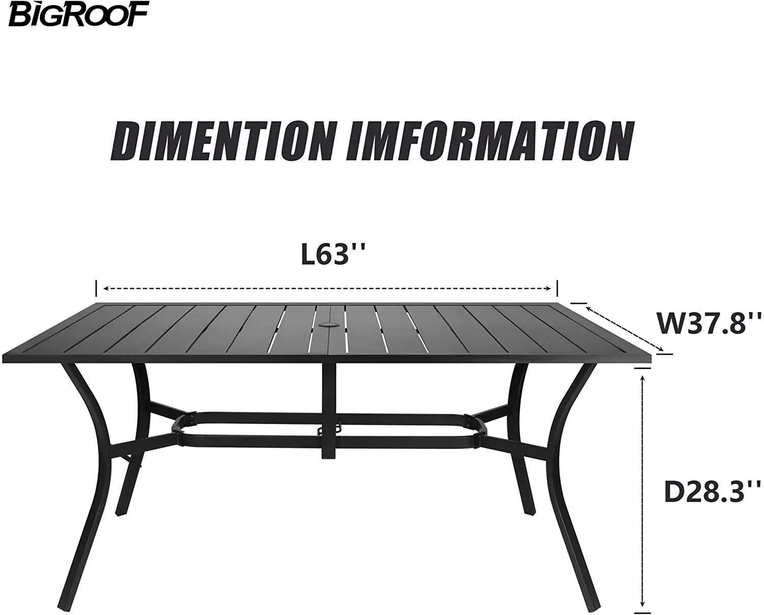 Bigroof Outdoor Table 63" Patio Metal Steel Classic Rectangle Black Dining Table with 1.57" Umbrella Hole for Garden, Backyard, Deck (63'')
